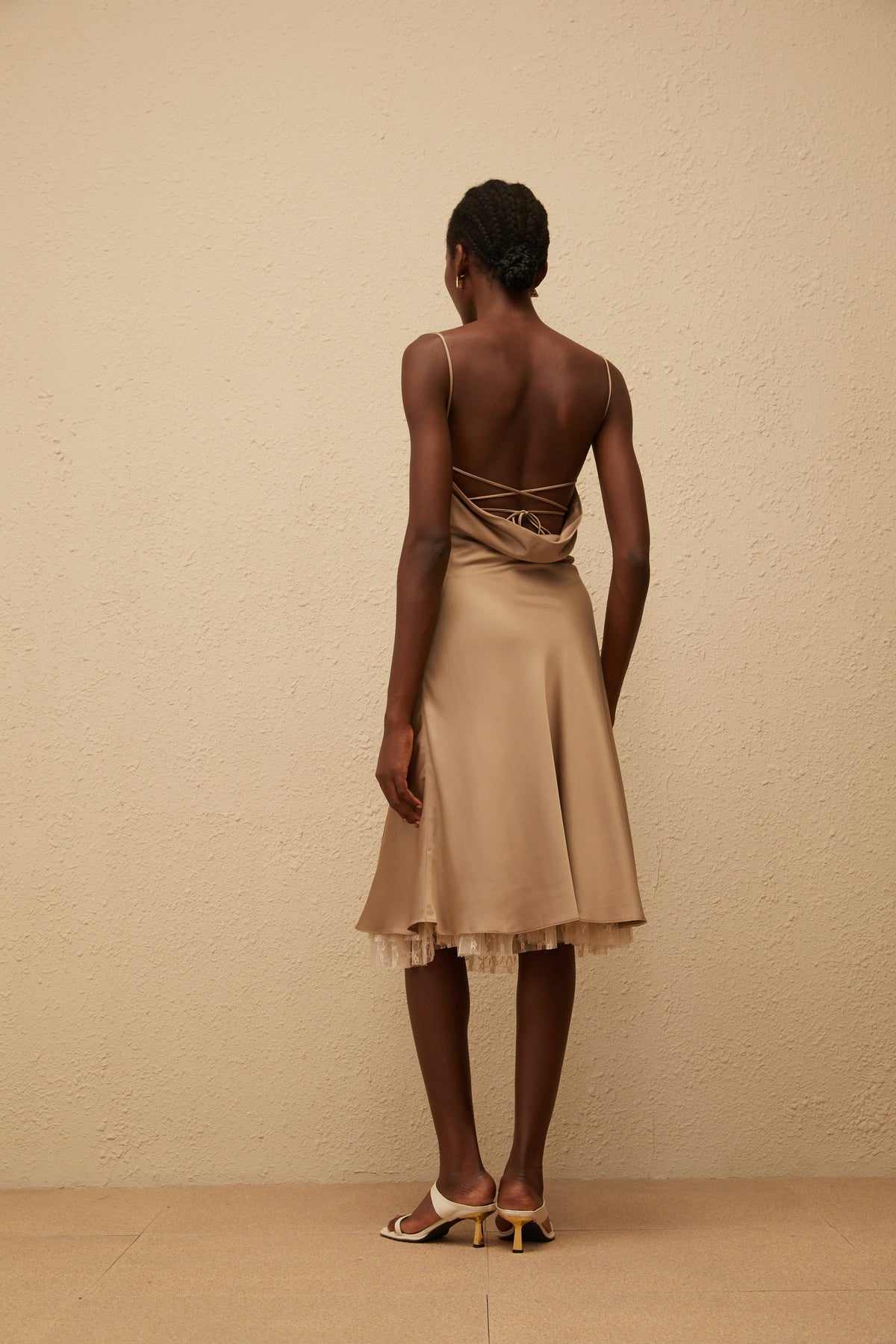 Ananias Khaki Lace Panel Satin Midi Dress
