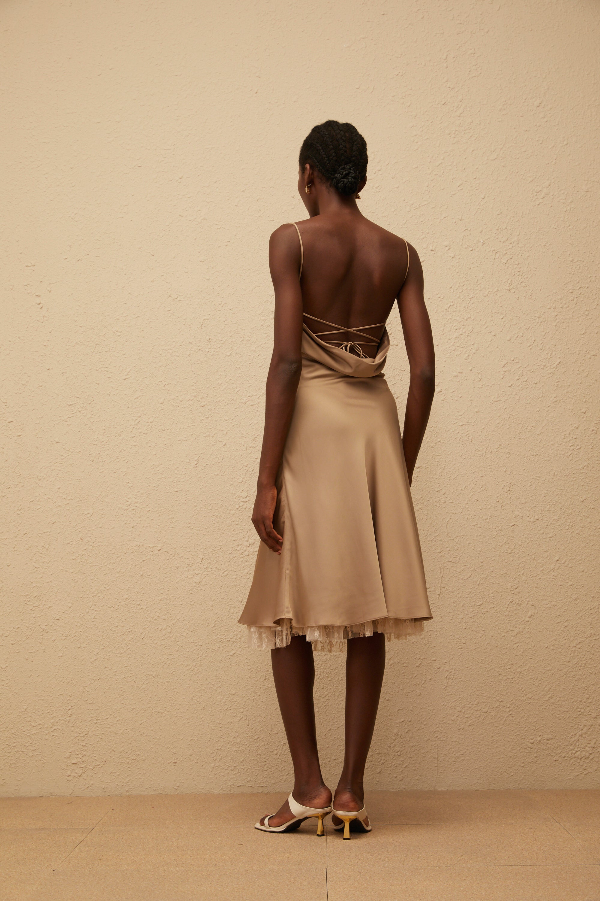 Ananias Khaki Lace Panel Satin Midi Dress