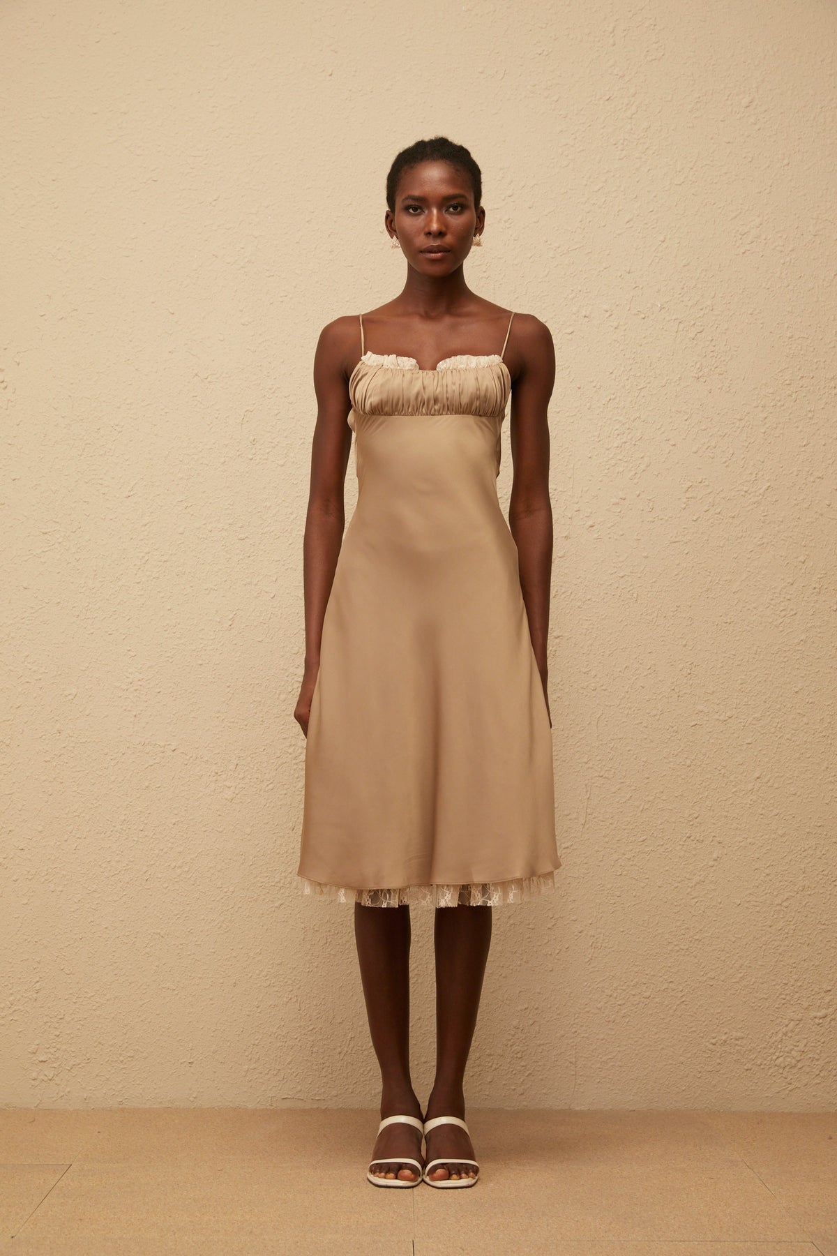 Ananias Khaki Lace Panel Satin Midi Dress