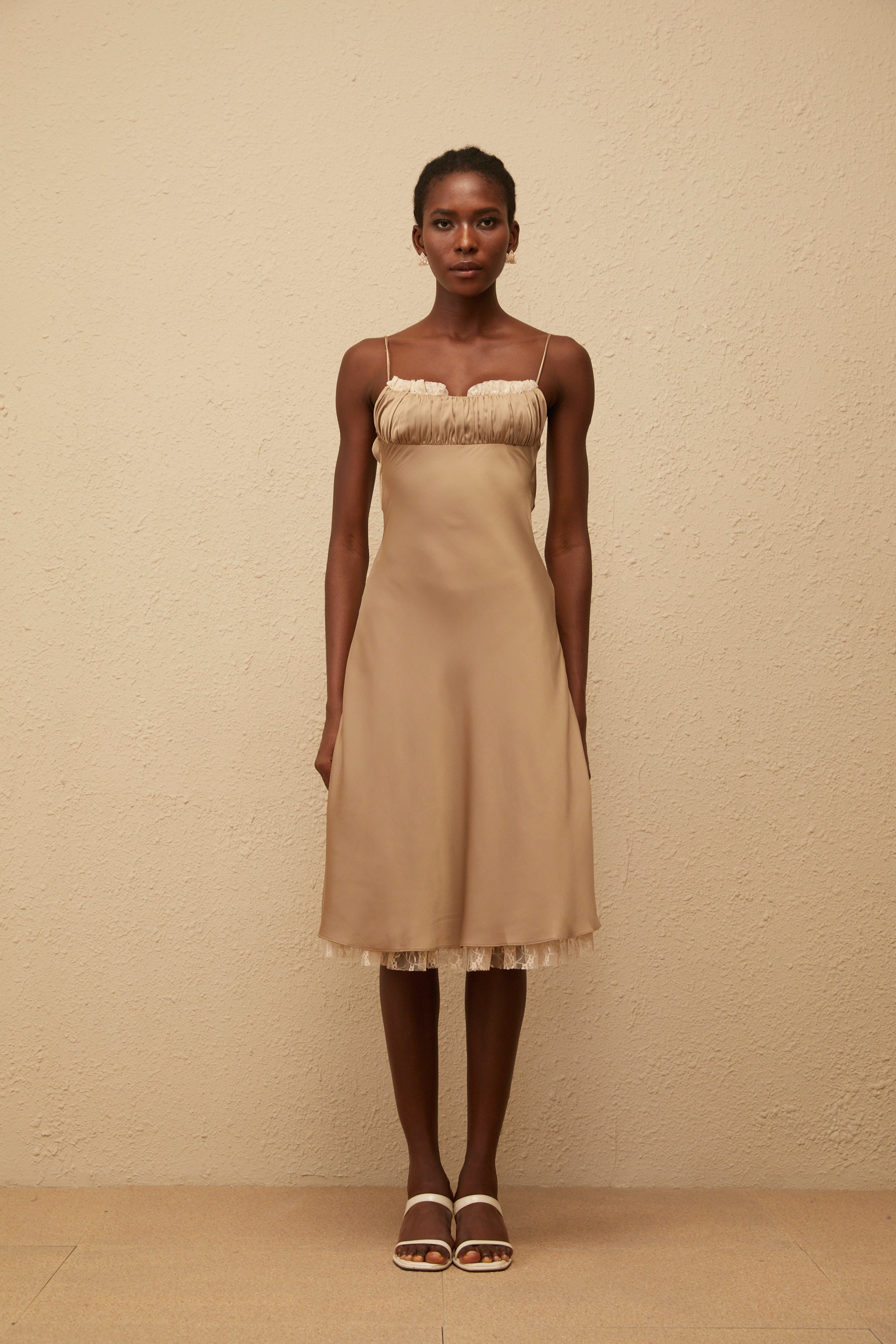 Ananias Khaki Lace Panel Satin Midi Dress