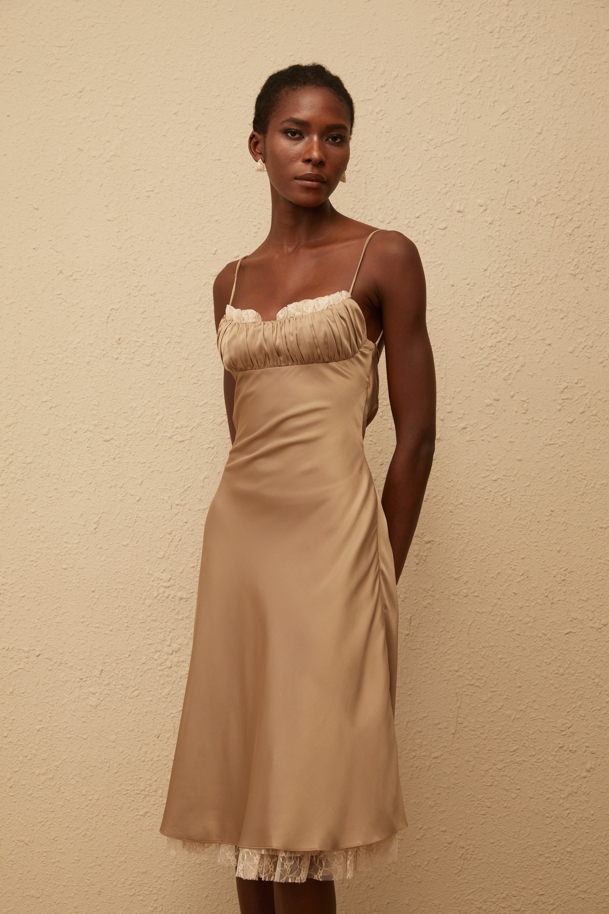 Ananias Khaki Lace Panel Satin Midi Dress