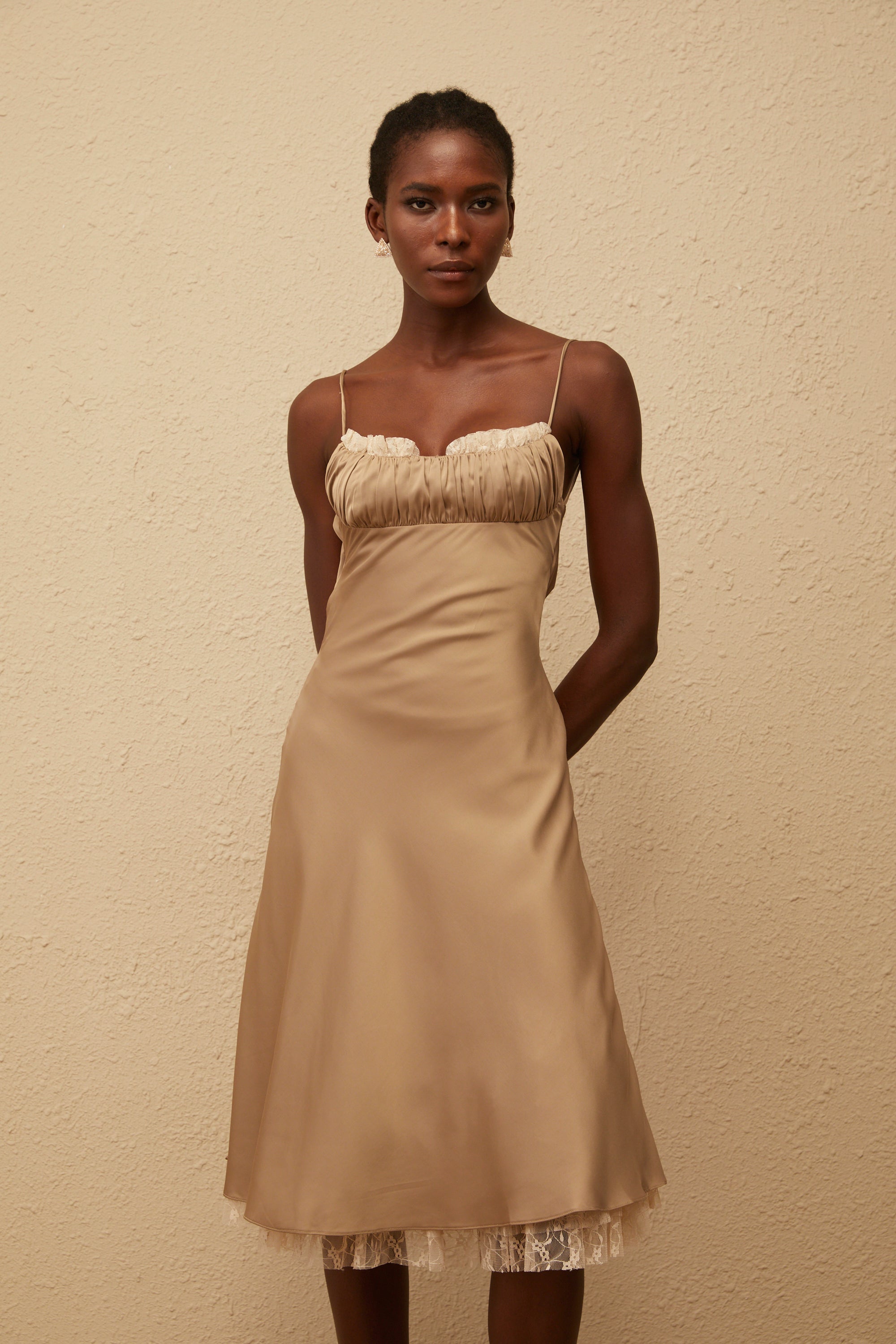 Ananias Khaki Lace Panel Satin Midi Dress