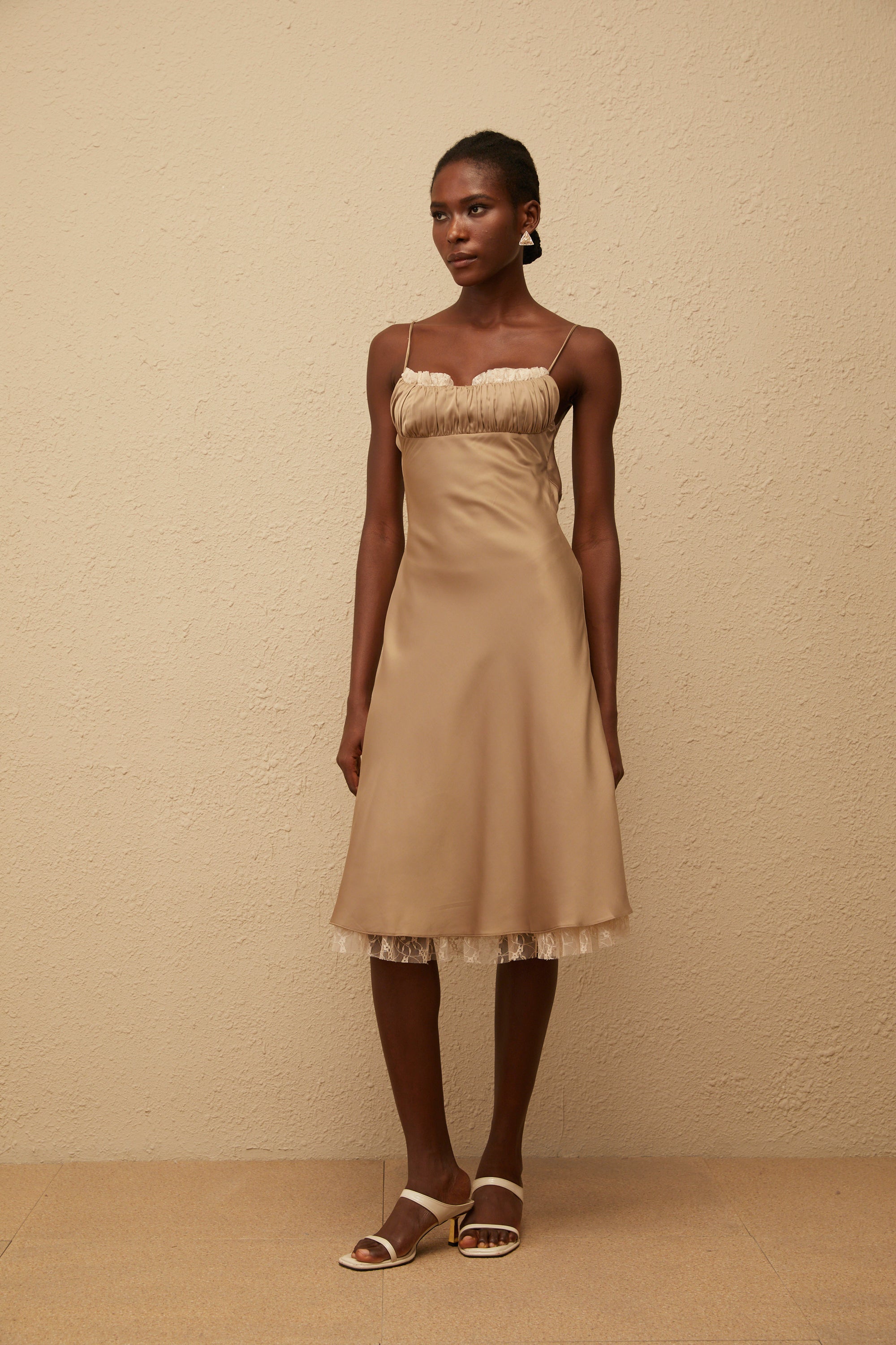 Ananias Khaki Lace Panel Satin Midi Dress