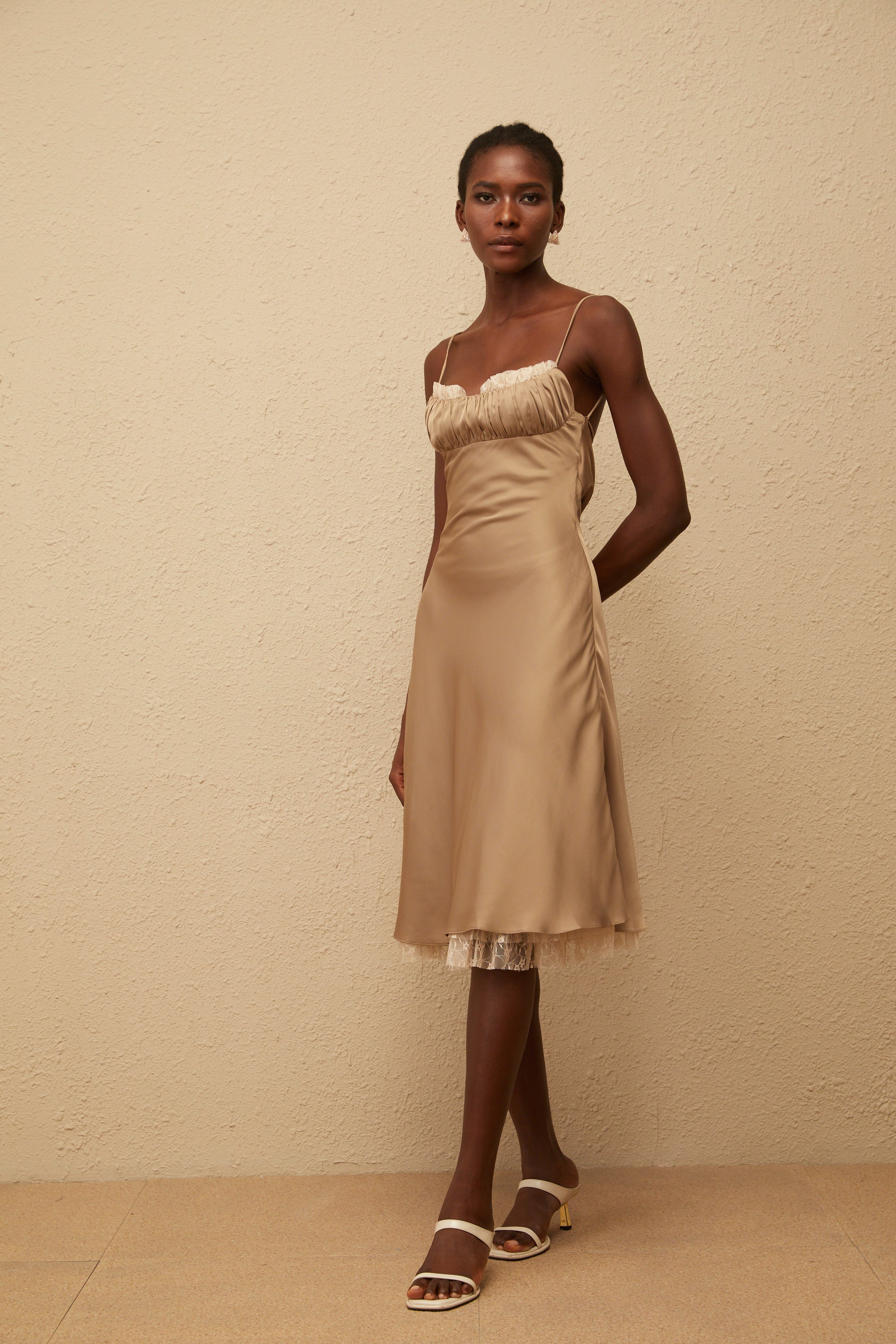 Ananias Khaki Lace Panel Satin Midi Dress