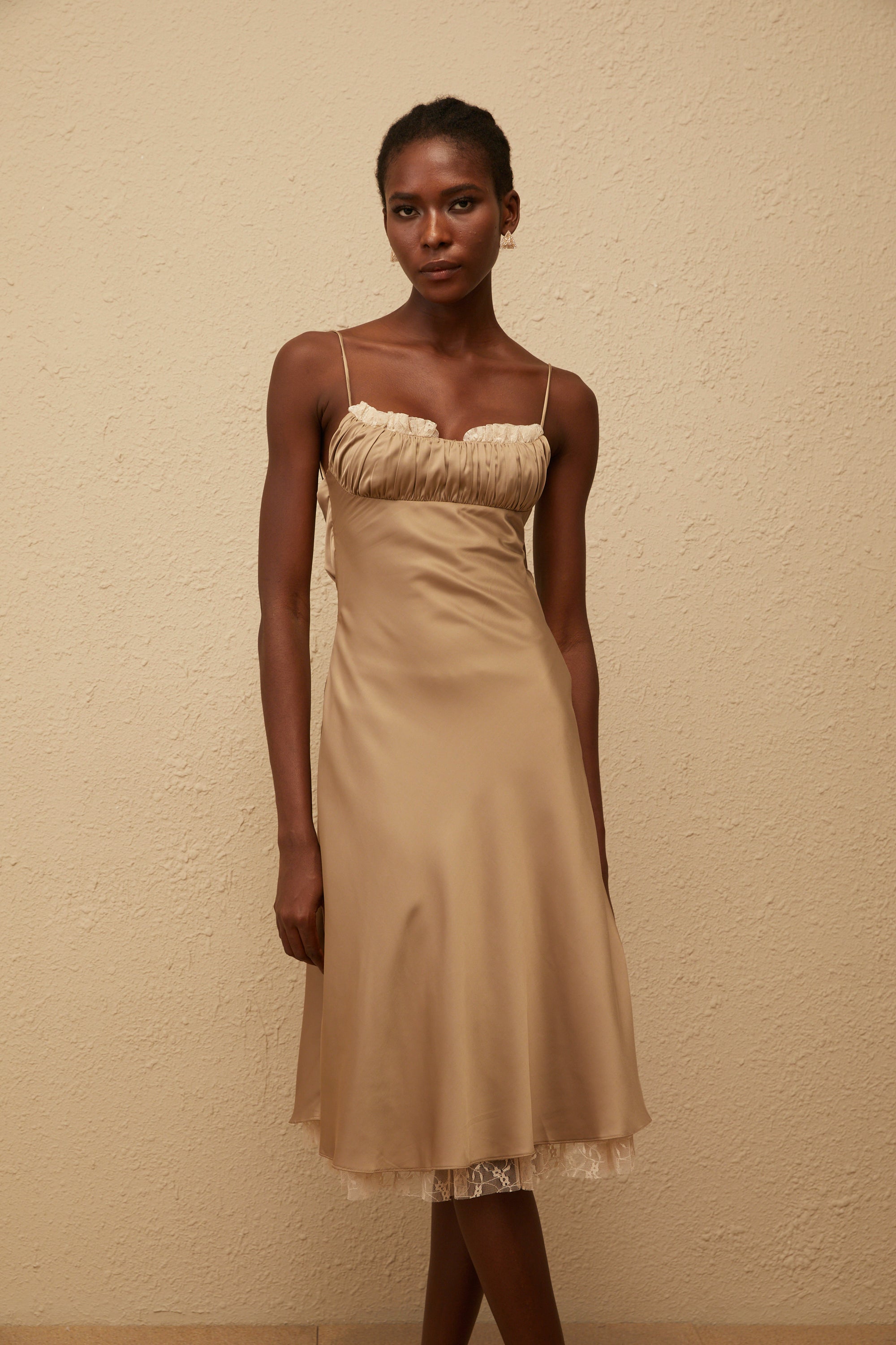 Ananias Khaki Lace Panel Satin Midi Dress