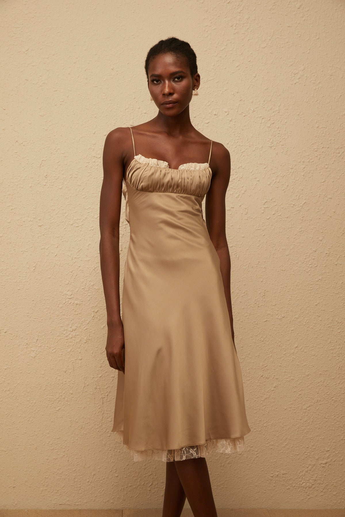 Ananias Khaki Lace Panel Satin Midi Dress (Final Sale)