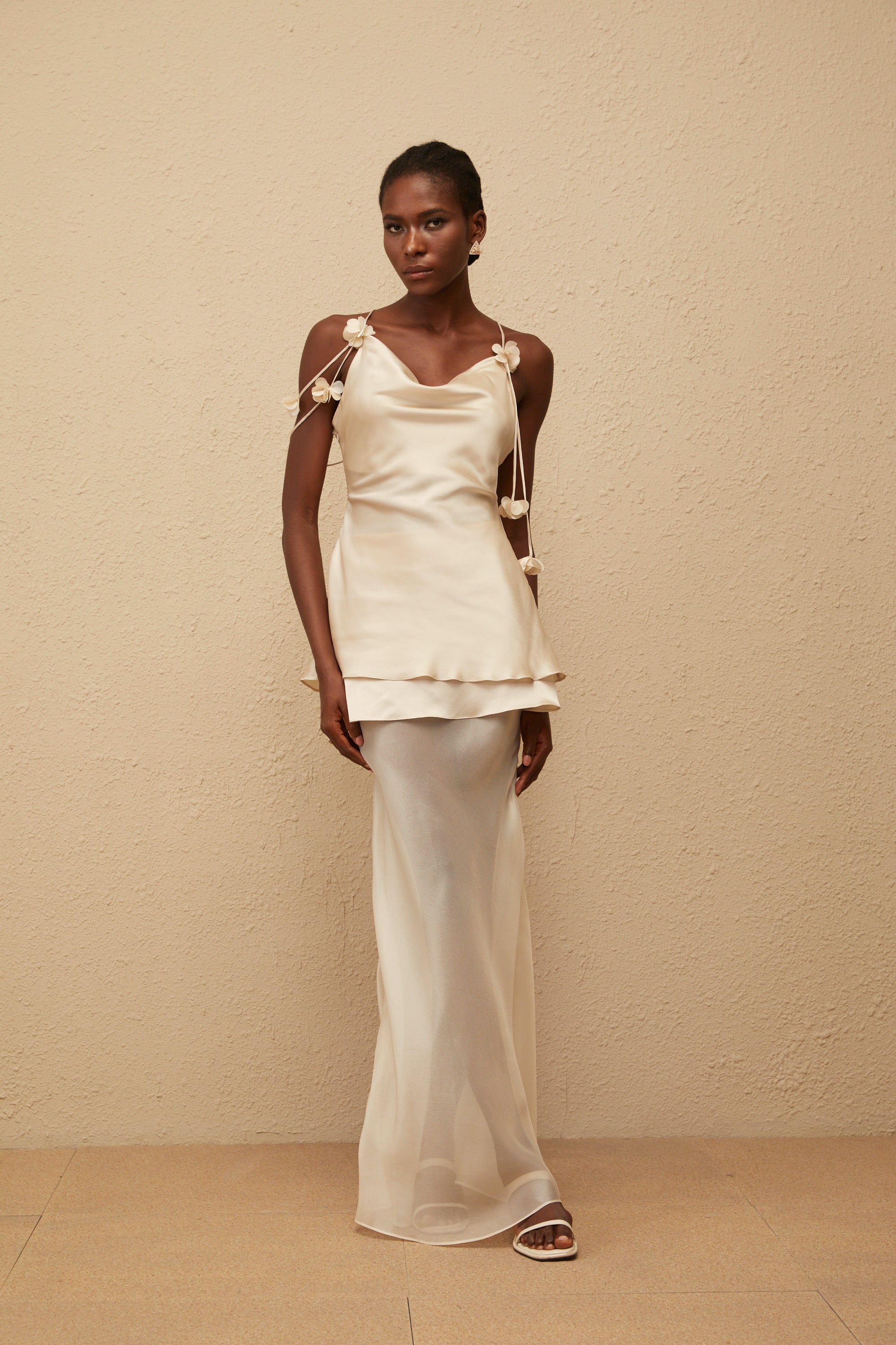 Aikaterini Neutral 3D Petal Satin Matching Set