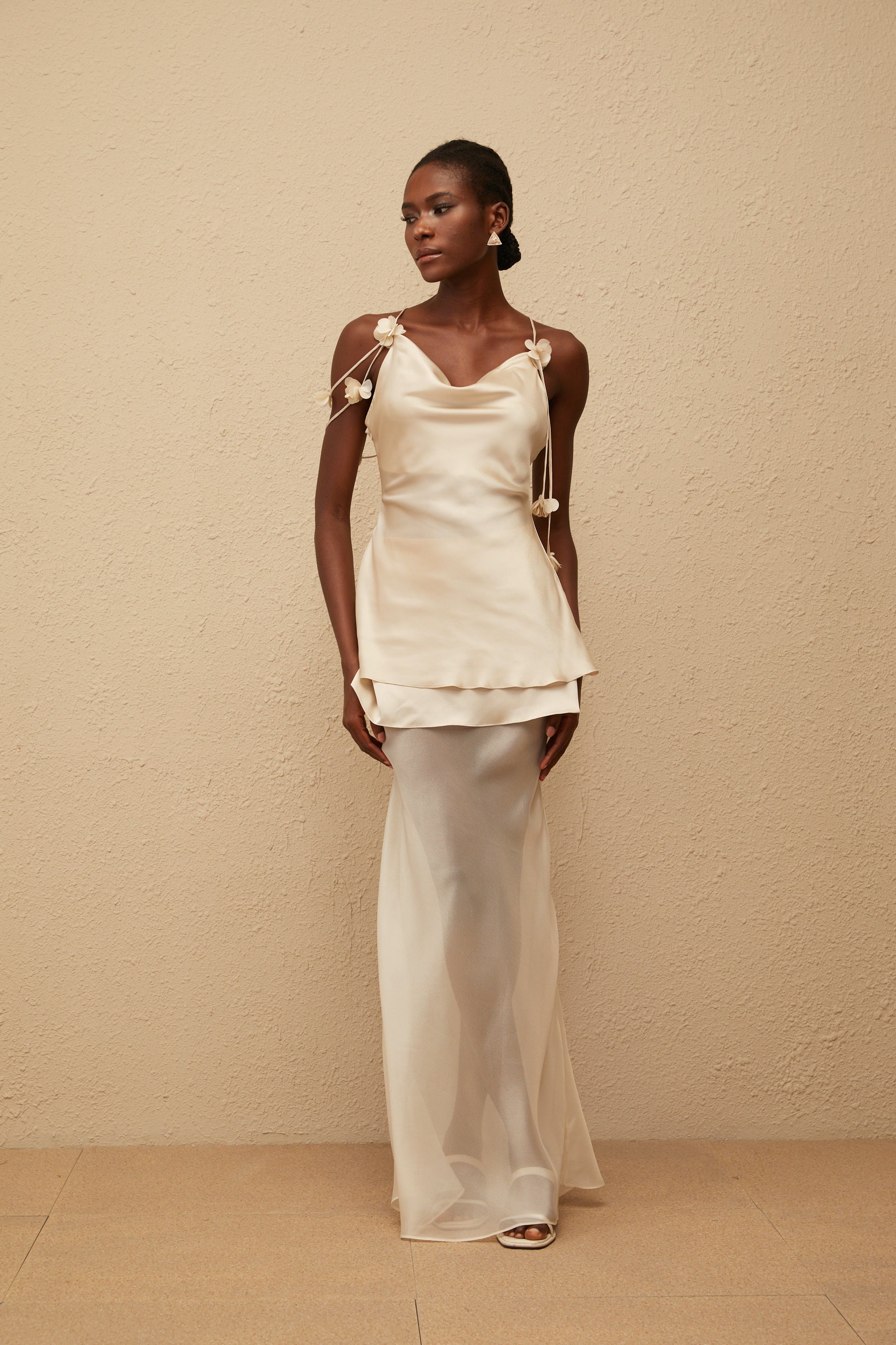 Aikaterini Neutral 3D Petal Satin Matching Set
