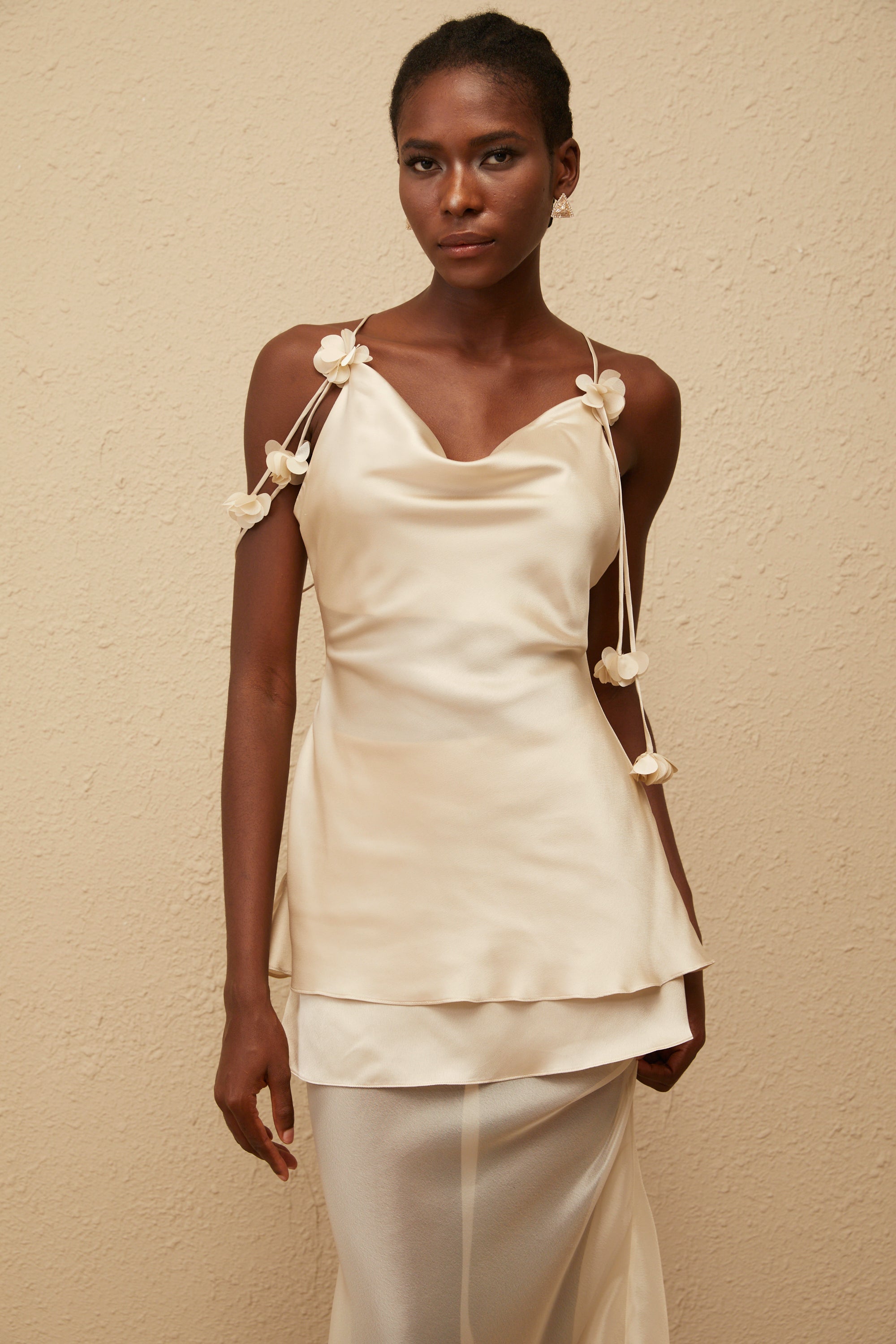 Aikaterini Neutral 3D Petal Satin Matching Set