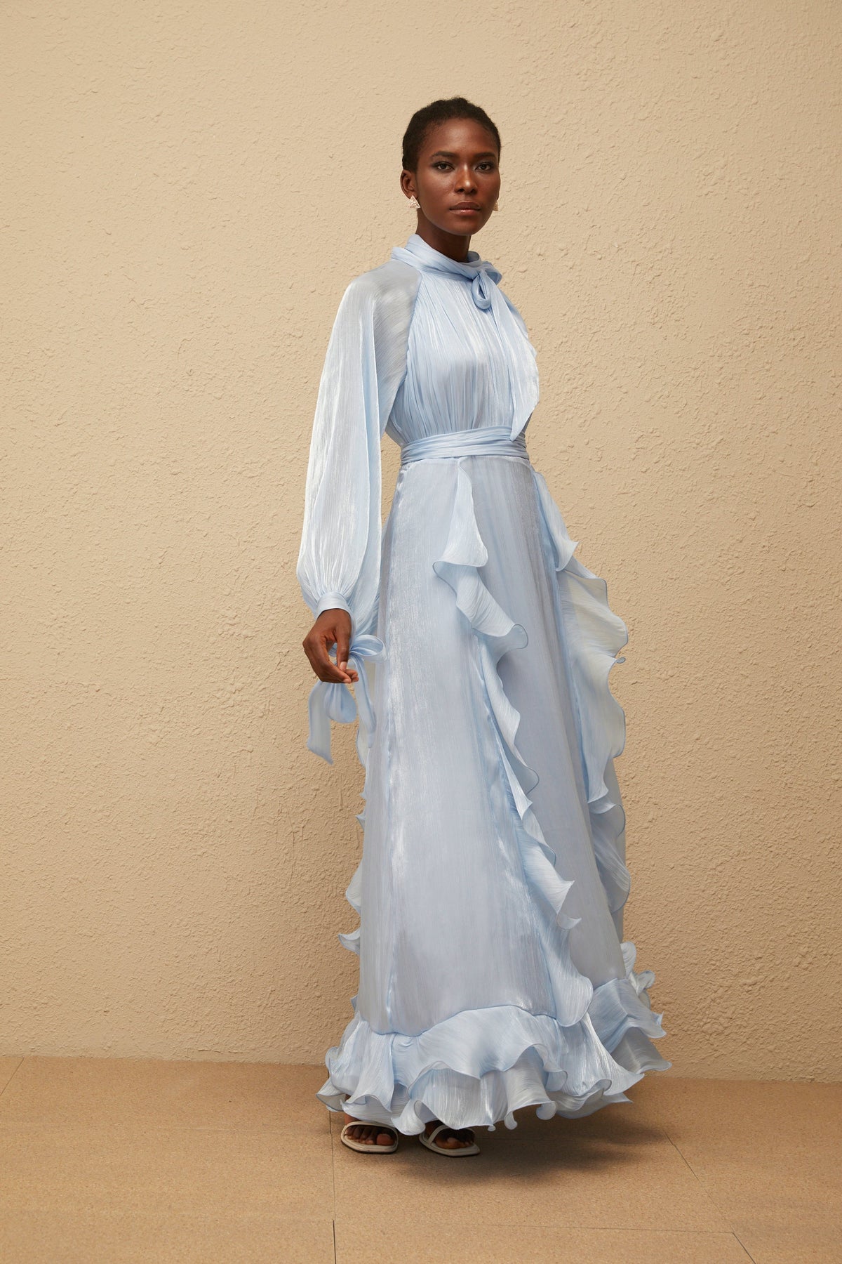 Nanette Blue Glossy Pleated Maxi Dress (Final Sale-US Only)