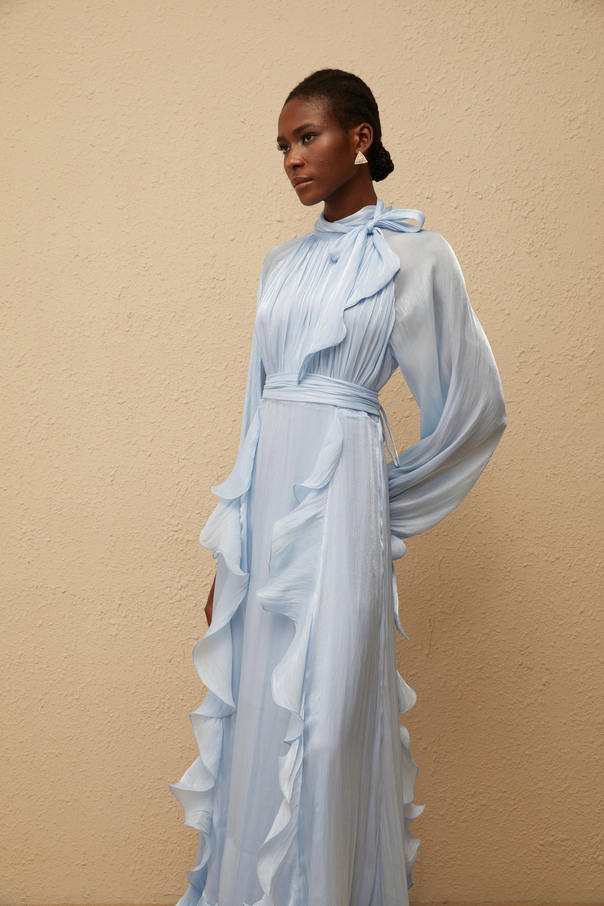Nanette Blue Glossy Pleated Maxi Dress