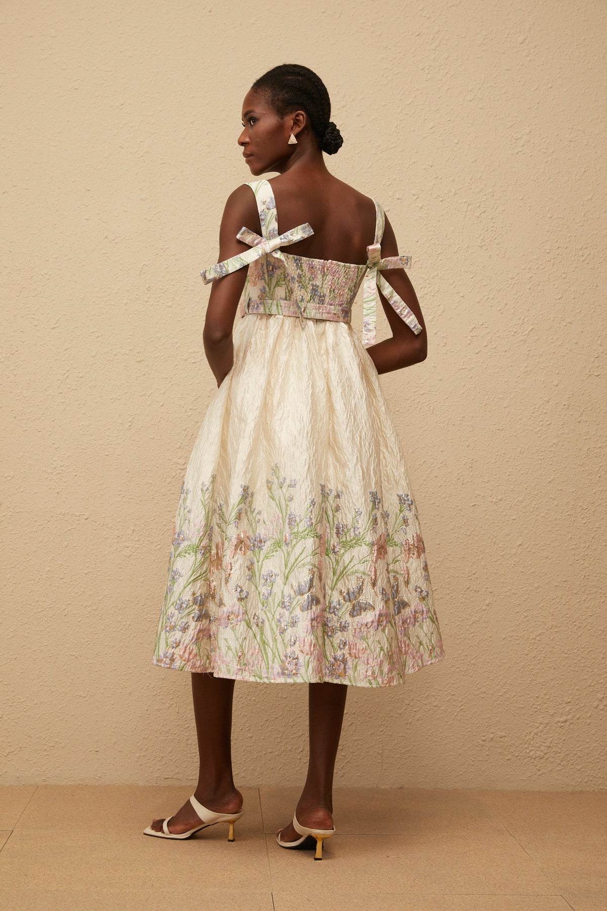 Inaya Neutral Jacquard Floral Midi Dress