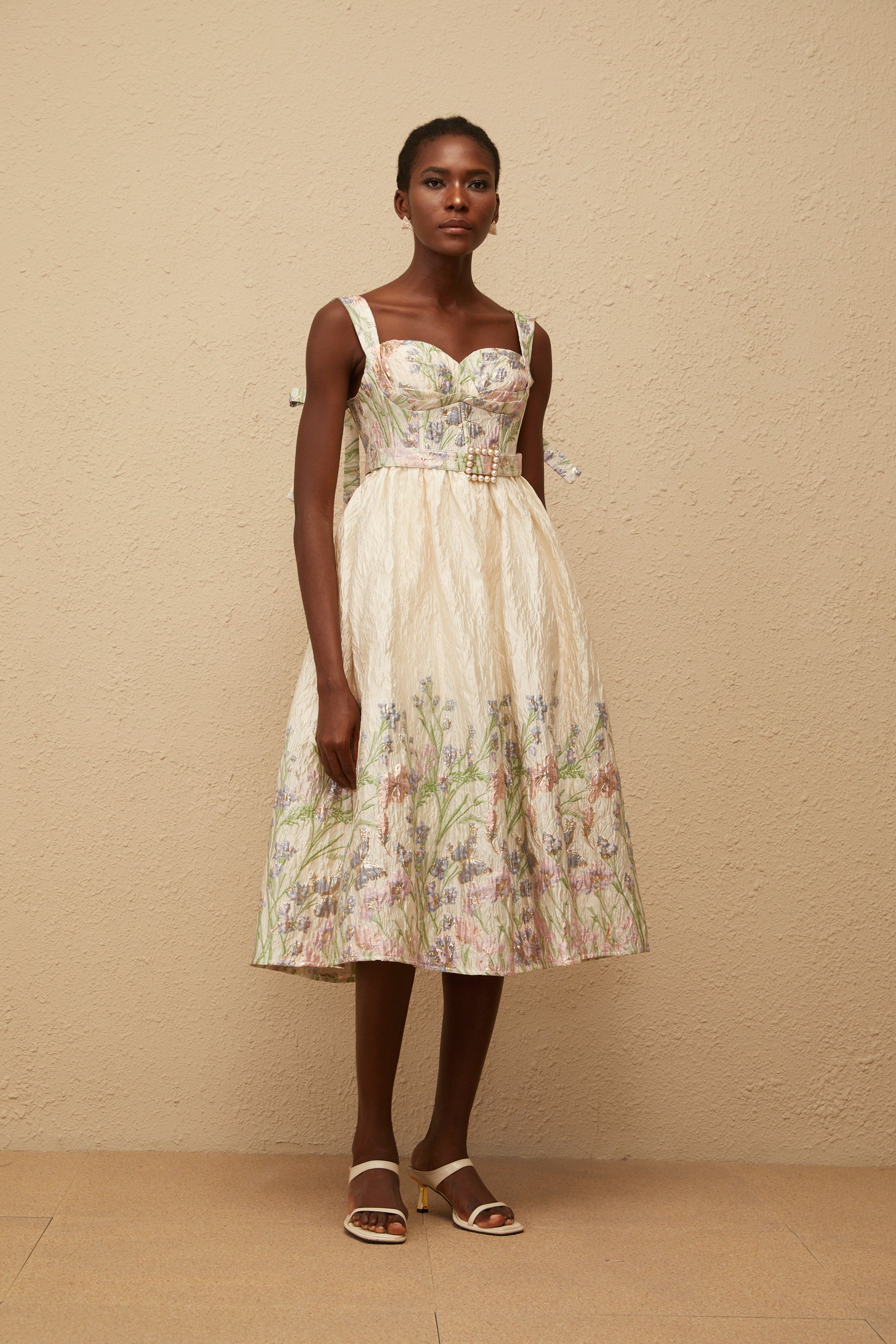 Inaya Neutral Jacquard Floral Midi Dress