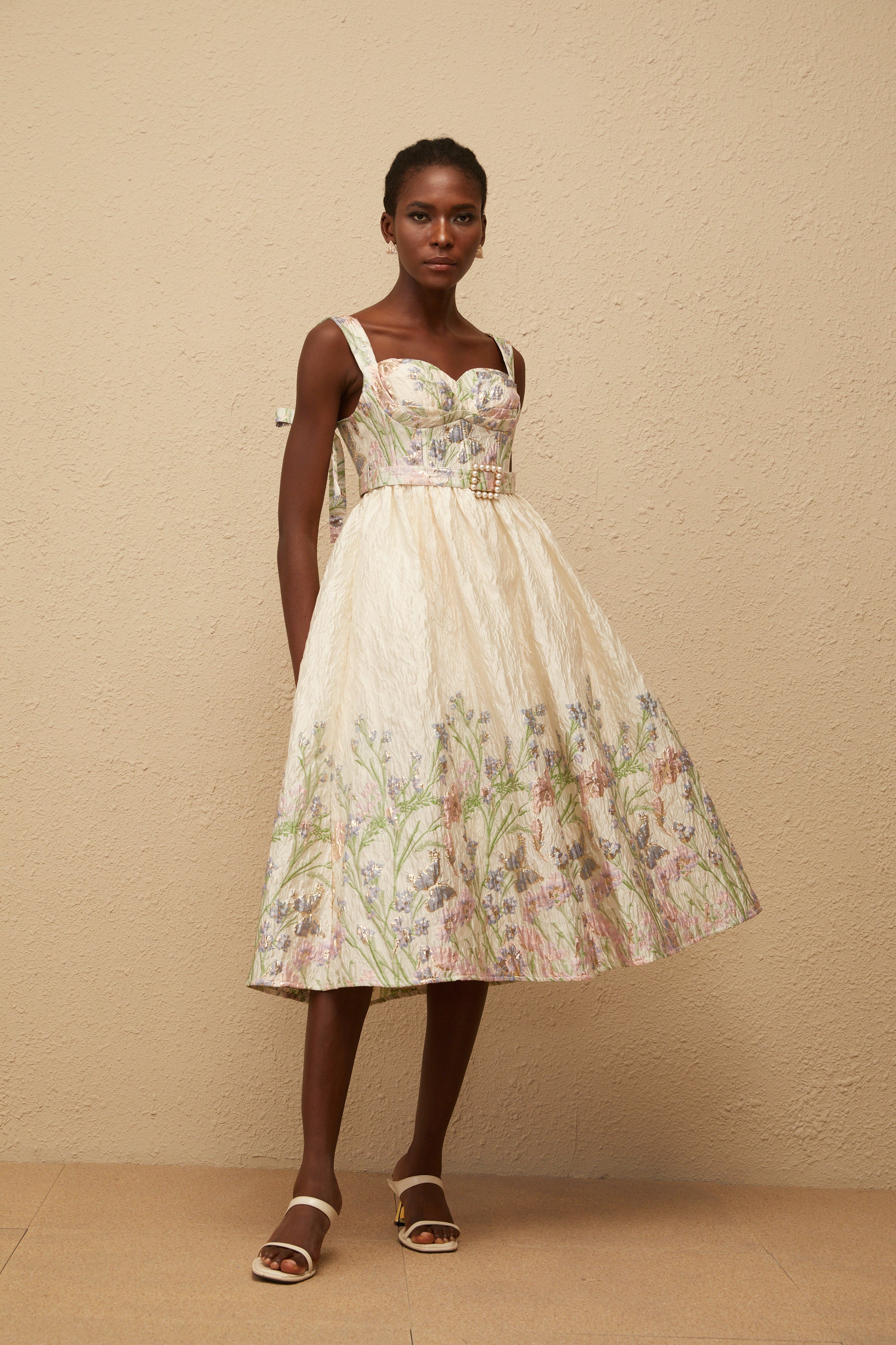 Inaya Neutral Jacquard Floral Midi Dress