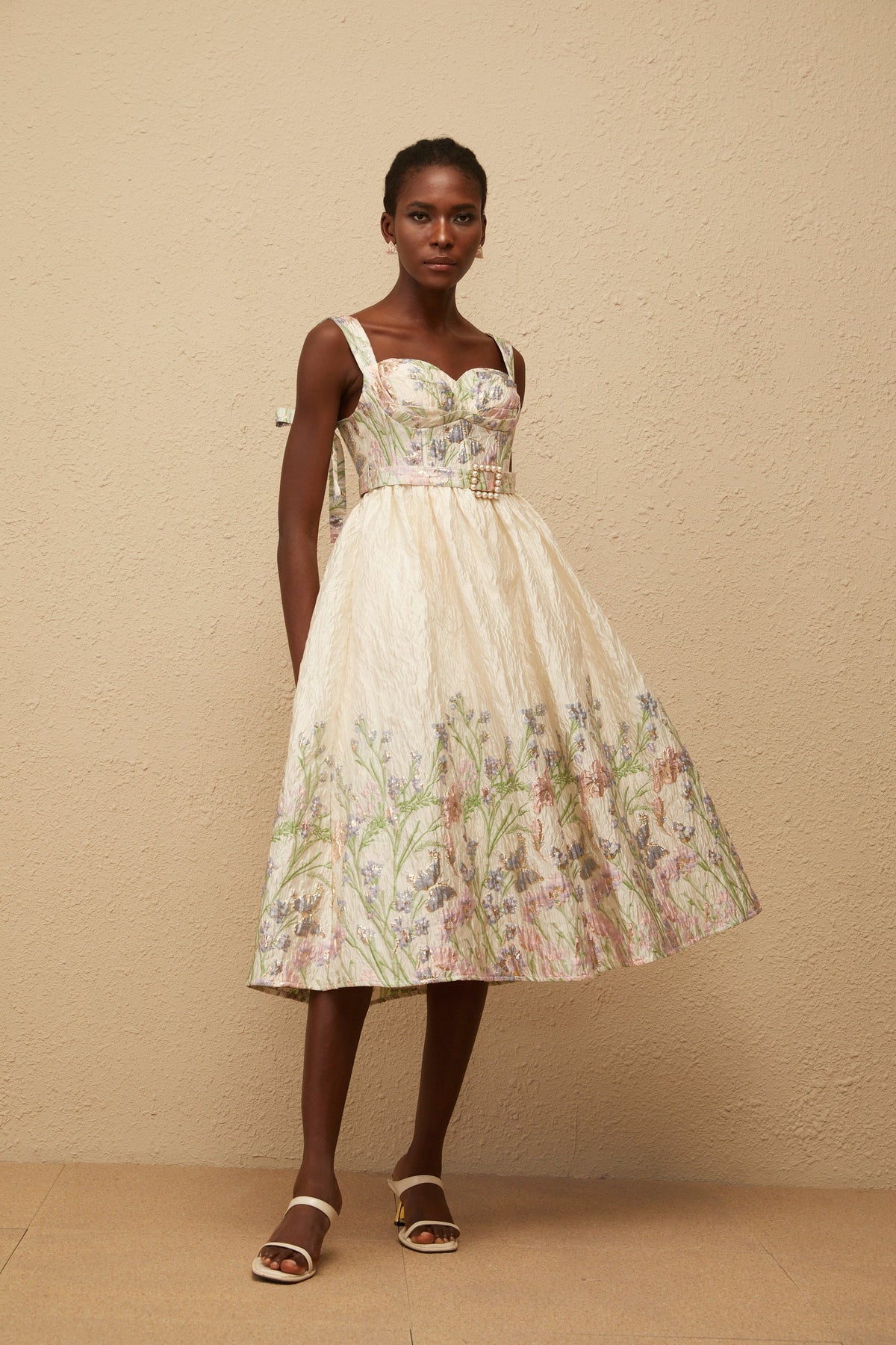 Inaya Neutral Jacquard Floral Midi Dress (Final Sale)