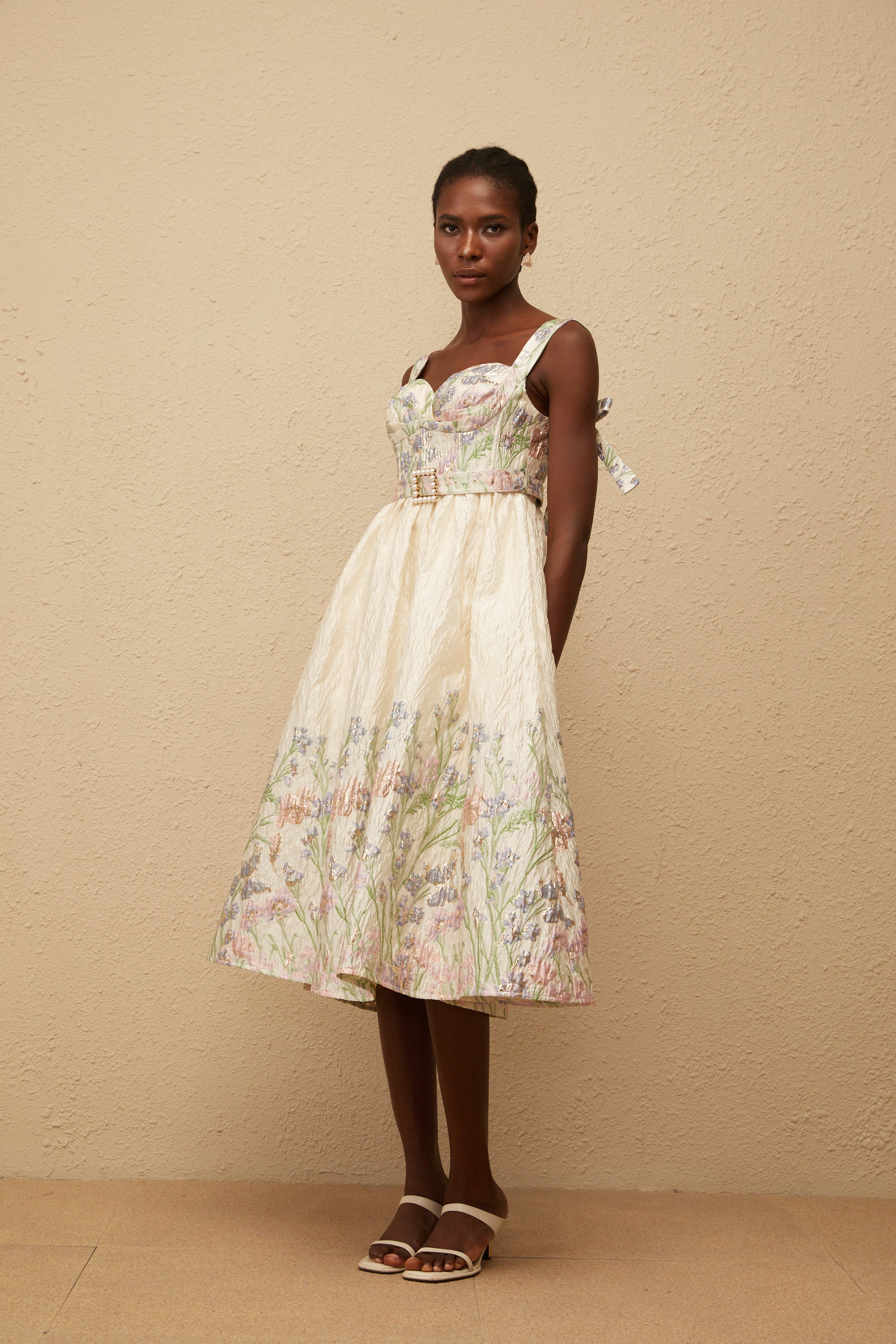 Inaya Neutral Jacquard Floral Midi Dress