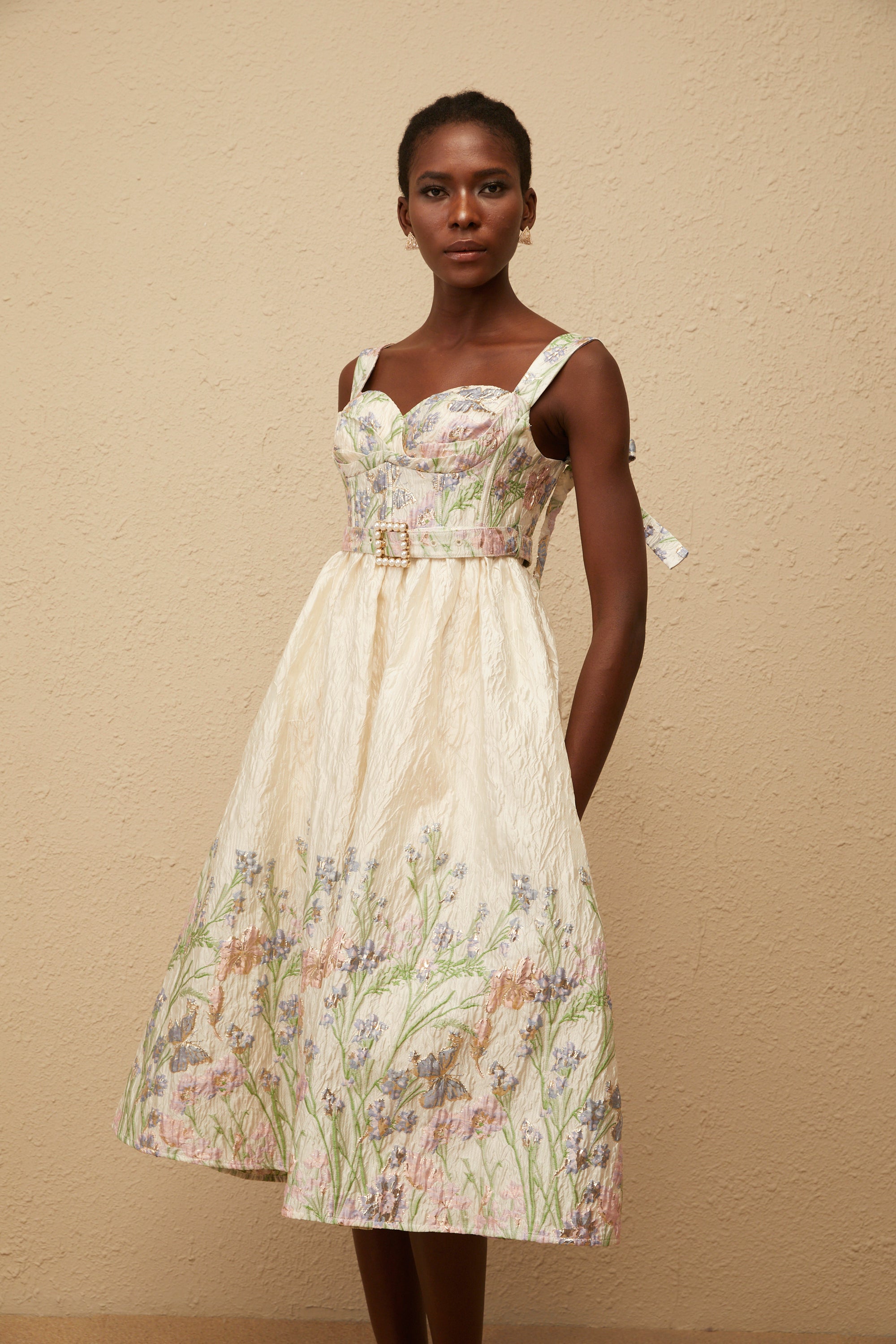 Inaya Neutral Jacquard Floral Midi Dress