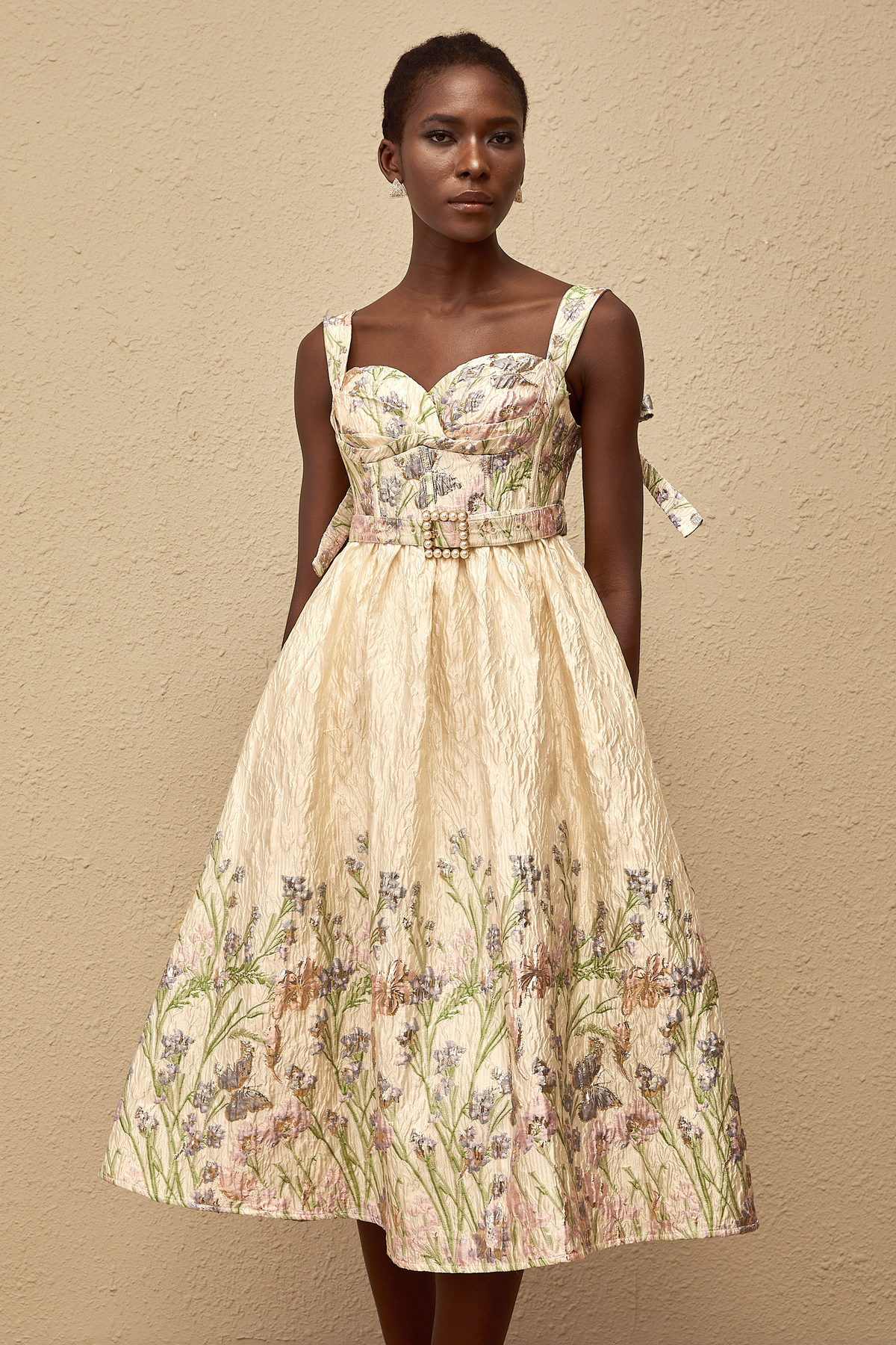 Inaya Neutral Jacquard Floral Midi Dress