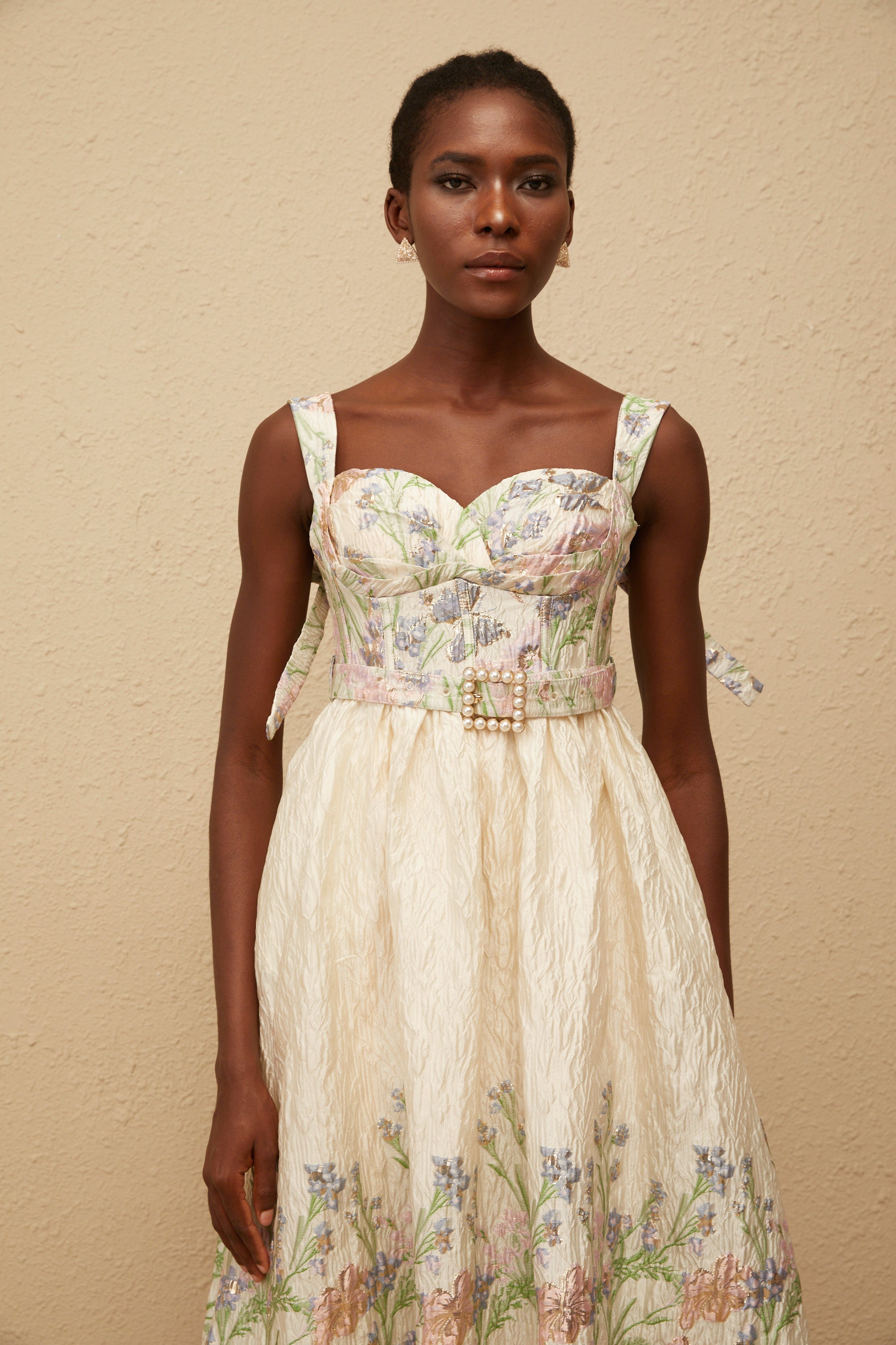 Inaya Neutral Jacquard Floral Midi Dress (Final Sale)