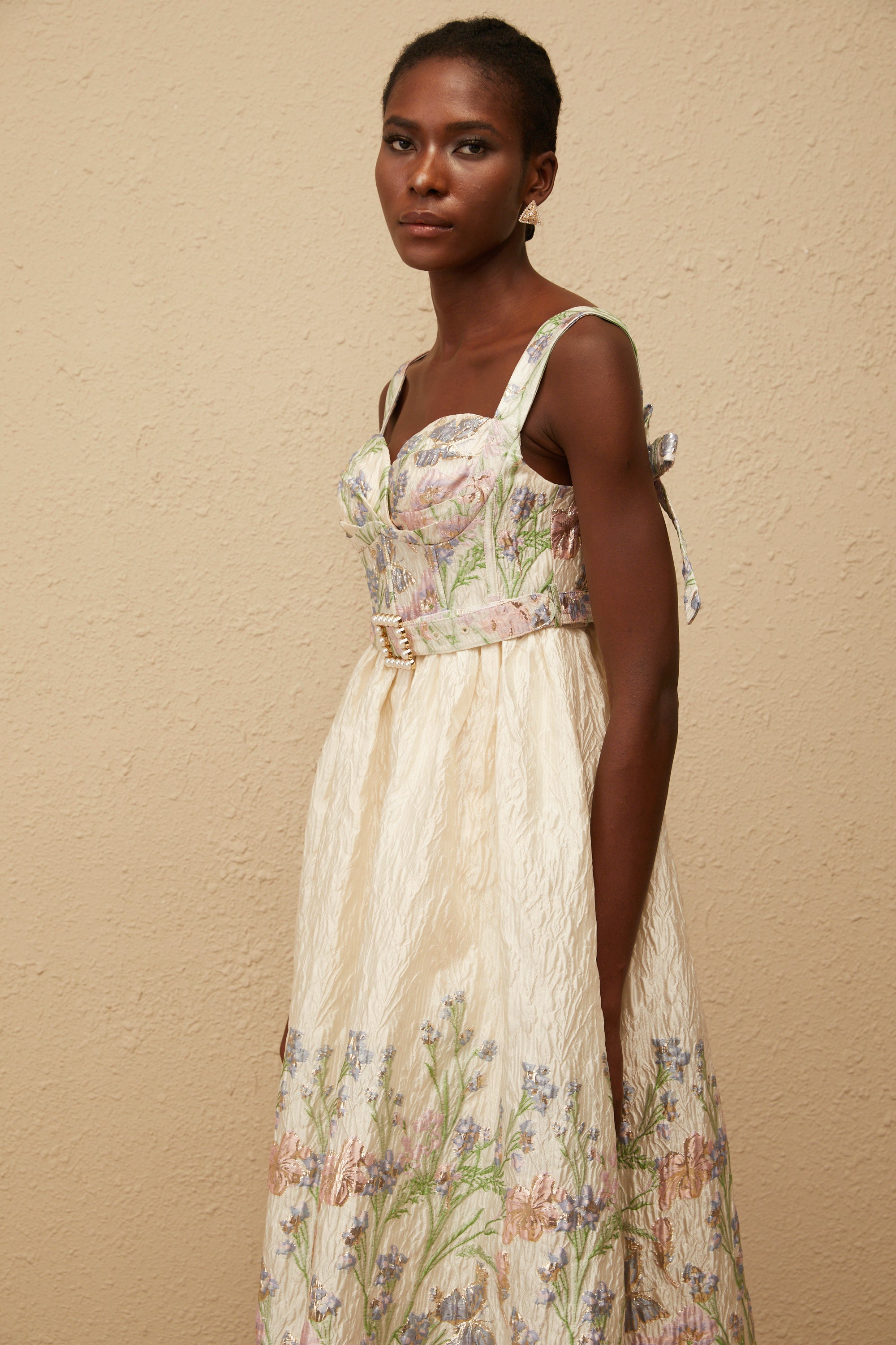 Inaya Neutral Jacquard Floral Midi Dress