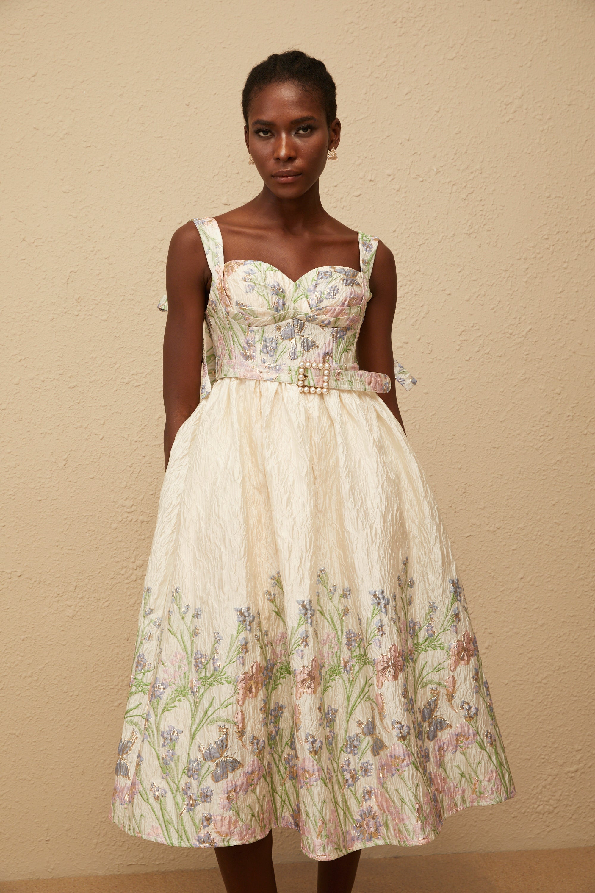 Inaya Neutral Jacquard Floral Midi Dress