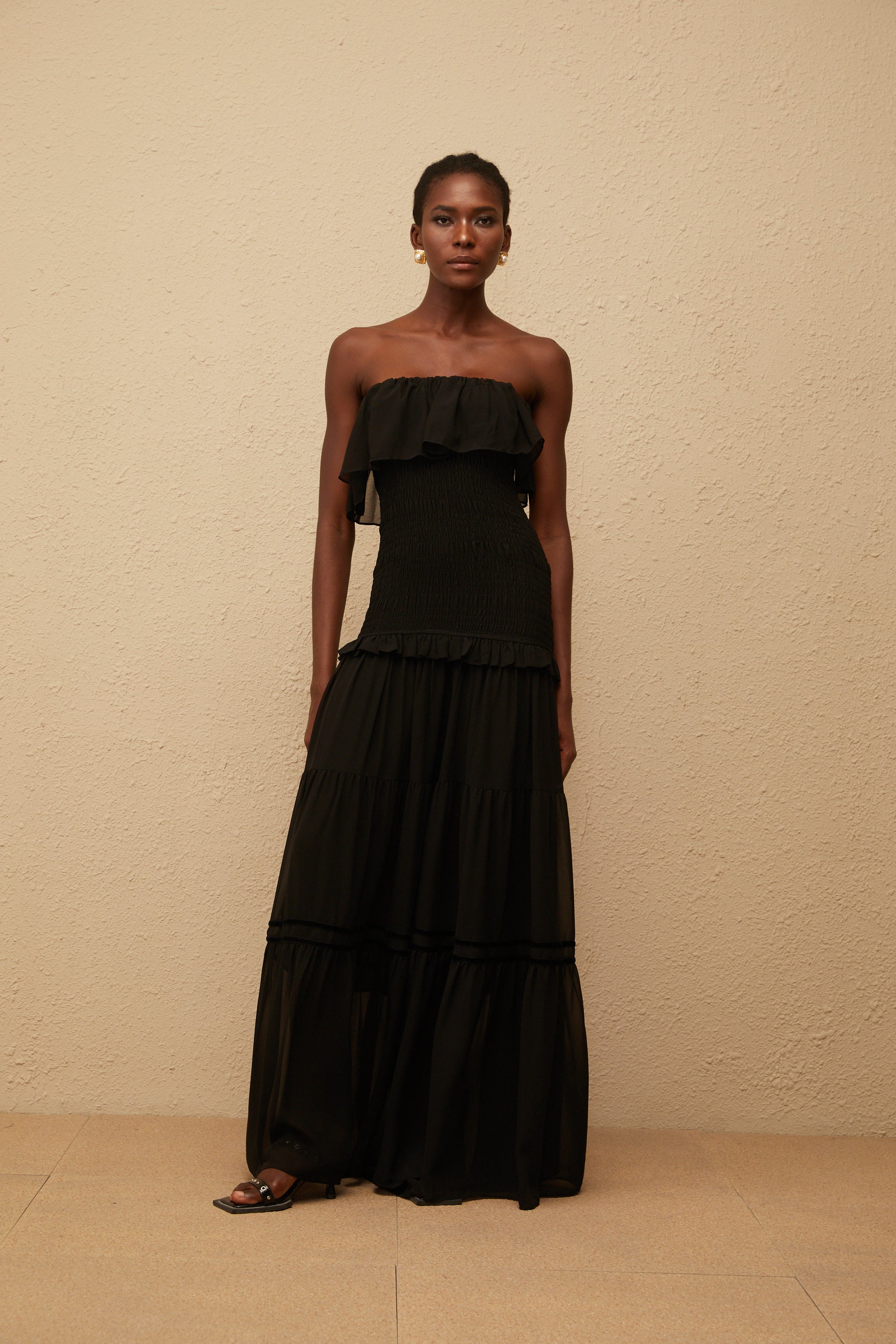Karoliina Black Off-Shoulder Smocked Panel Maxi Dress