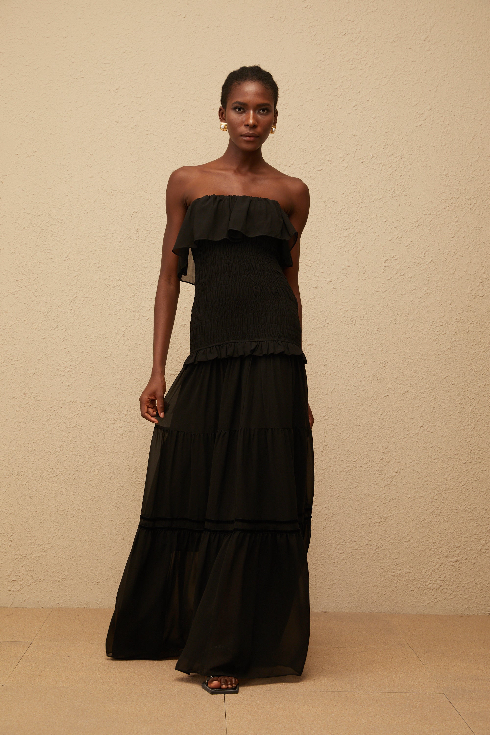 Karoliina Black Off-Shoulder Smocked Panel Maxi Dress
