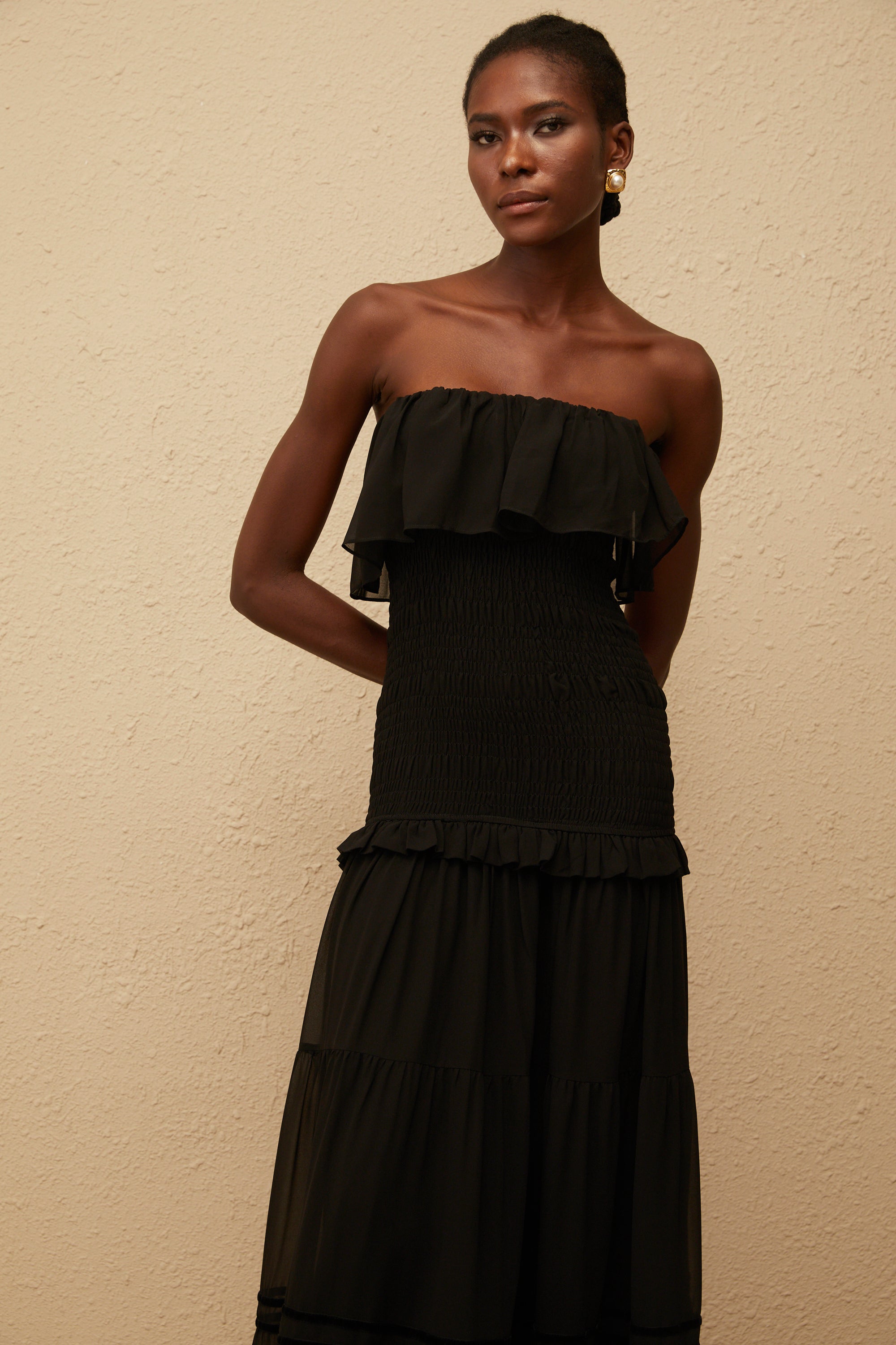 Karoliina Black Off-Shoulder Smocked Panel Maxi Dress