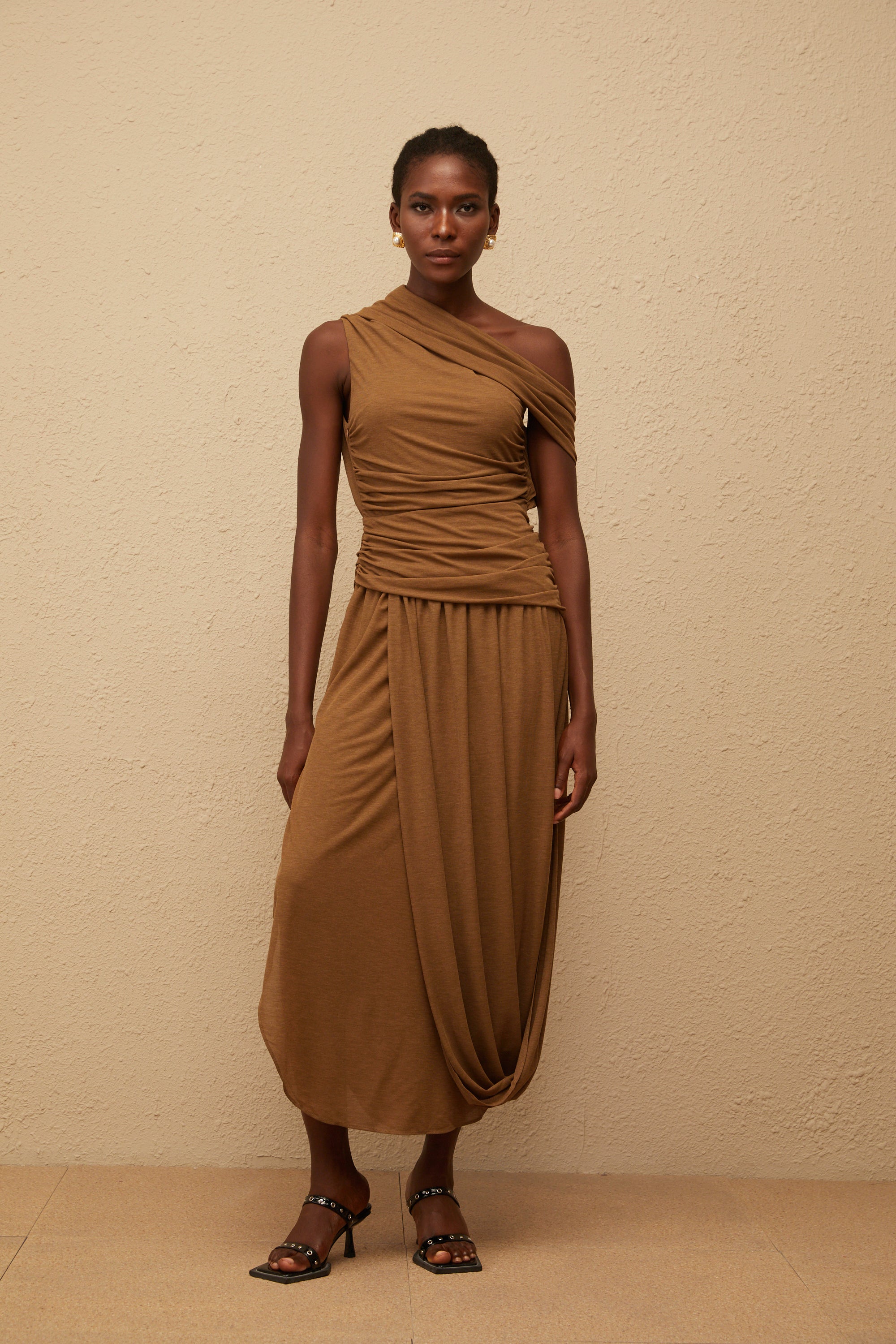Catarina Brown Asymmetrical Ruched Maxi Dress