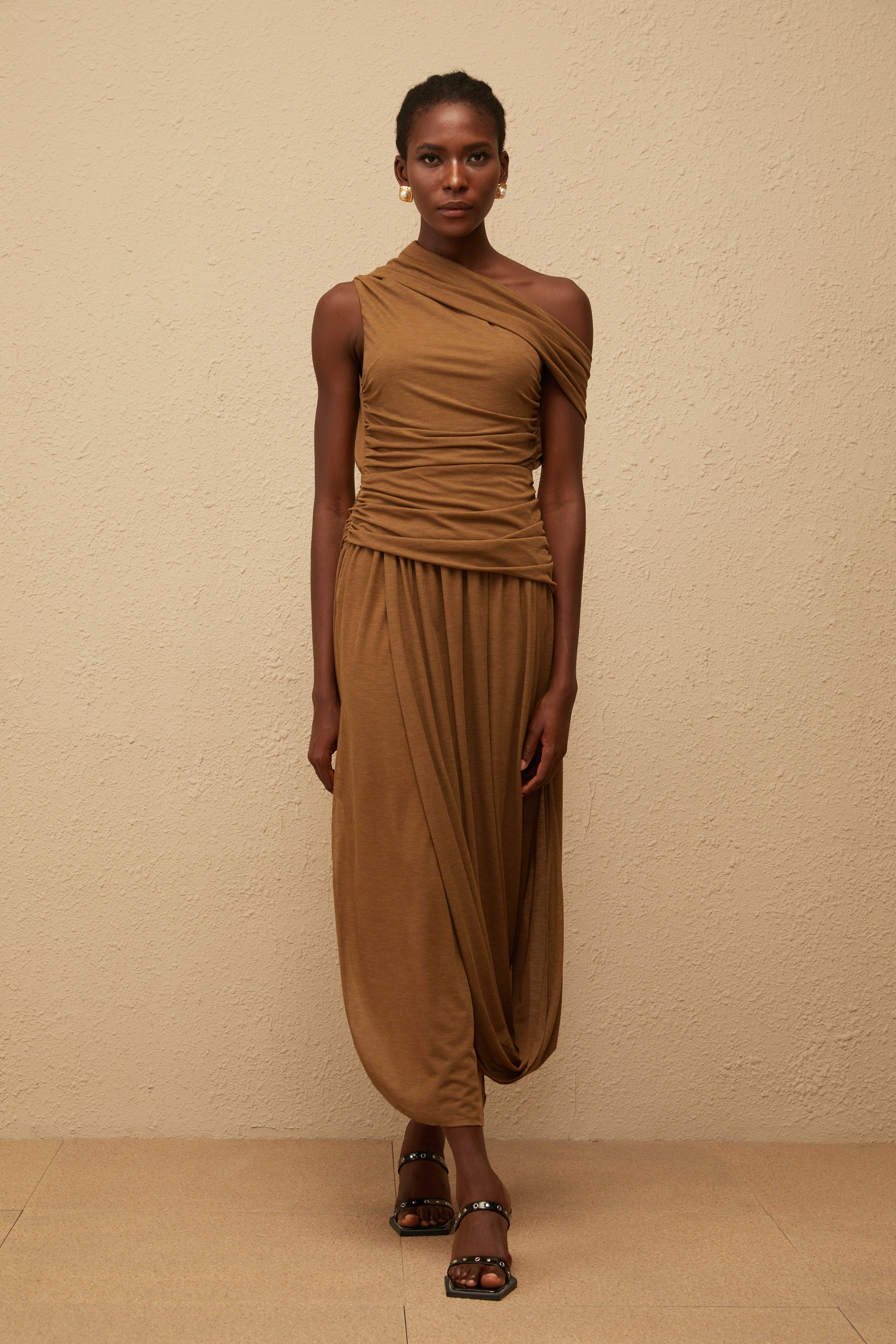 Catarina Brown Asymmetrical Ruched Maxi Dress