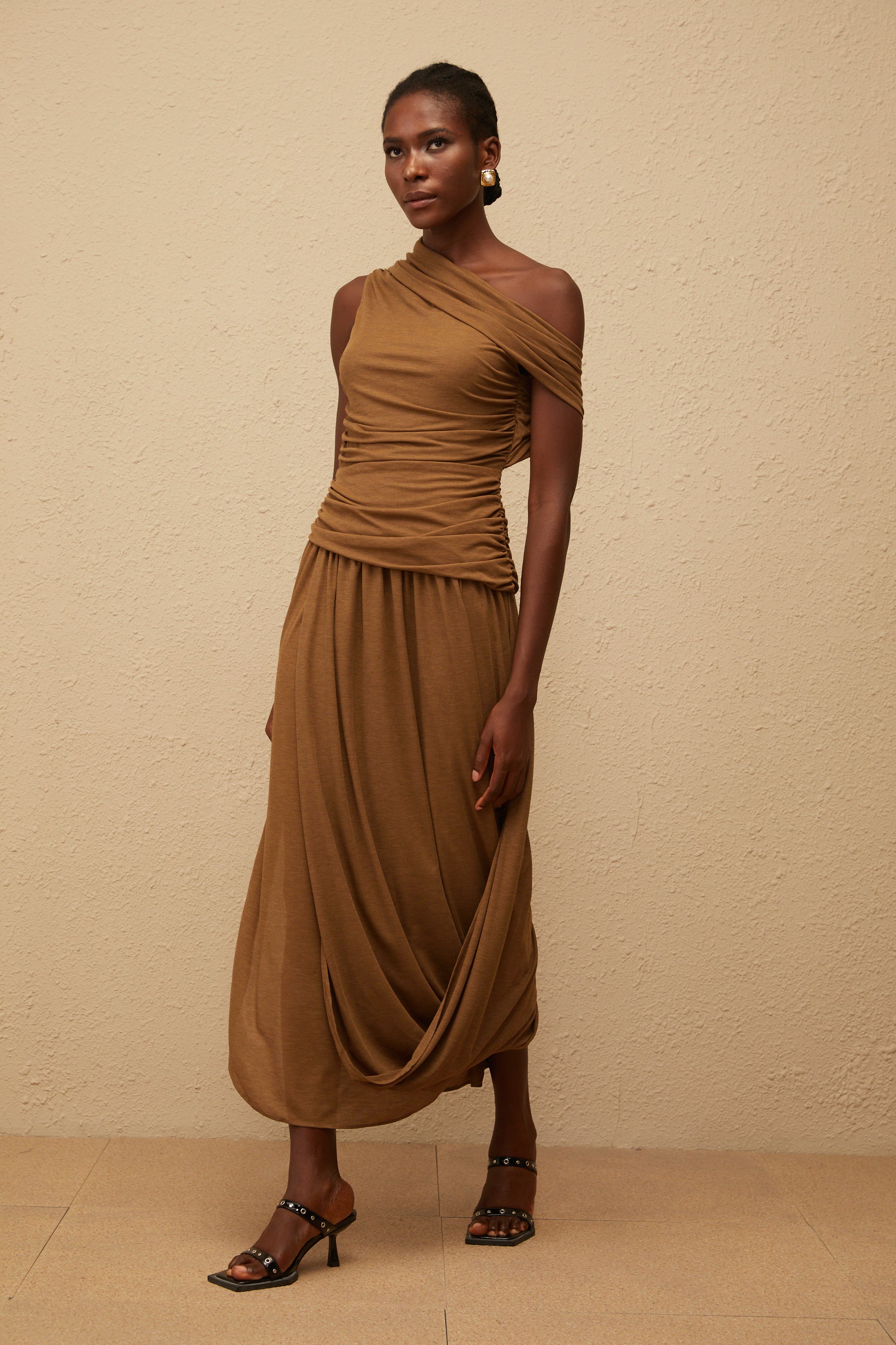 Catarina Brown Asymmetrical Ruched Maxi Dress