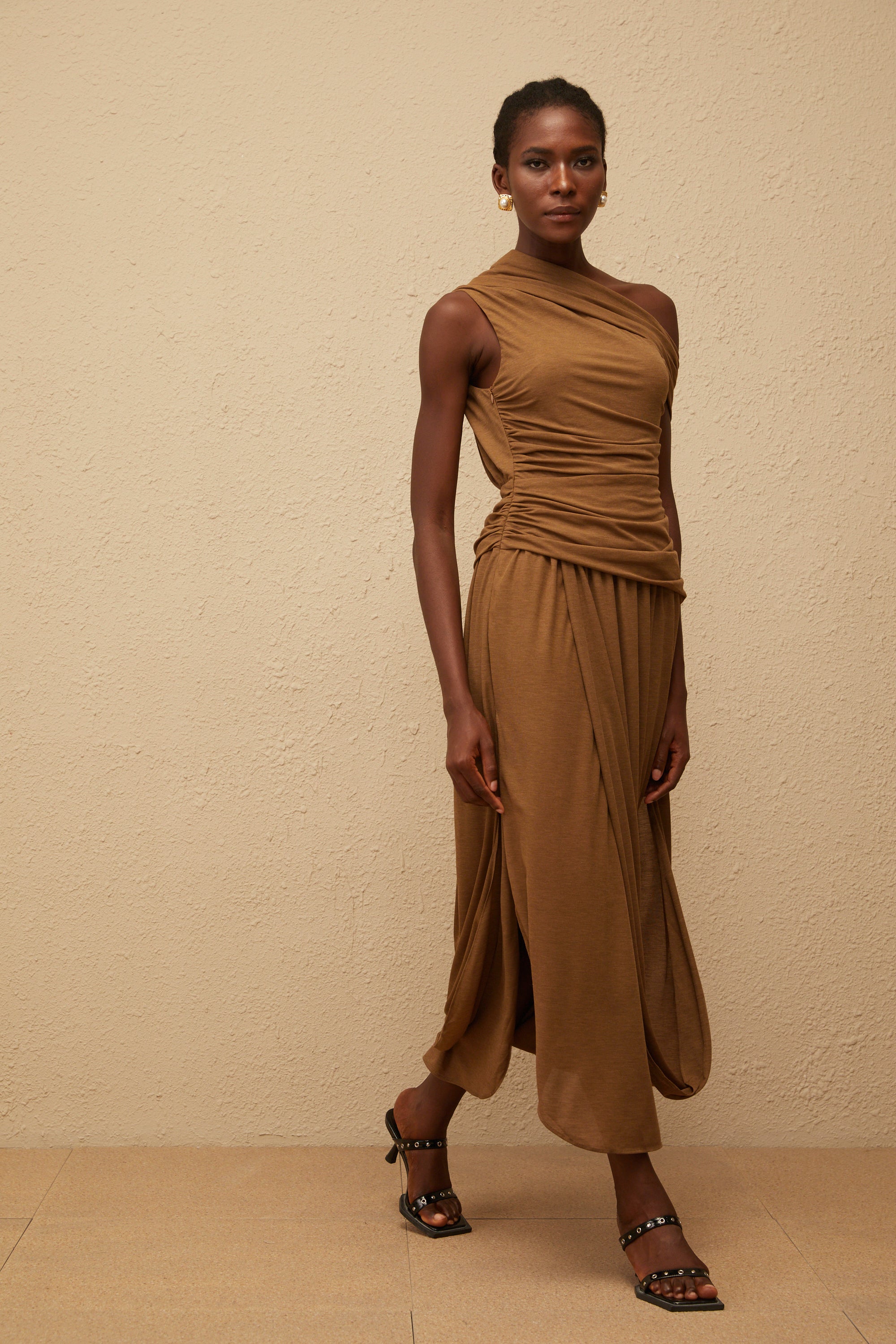 Catarina Brown Asymmetrical Ruched Maxi Dress