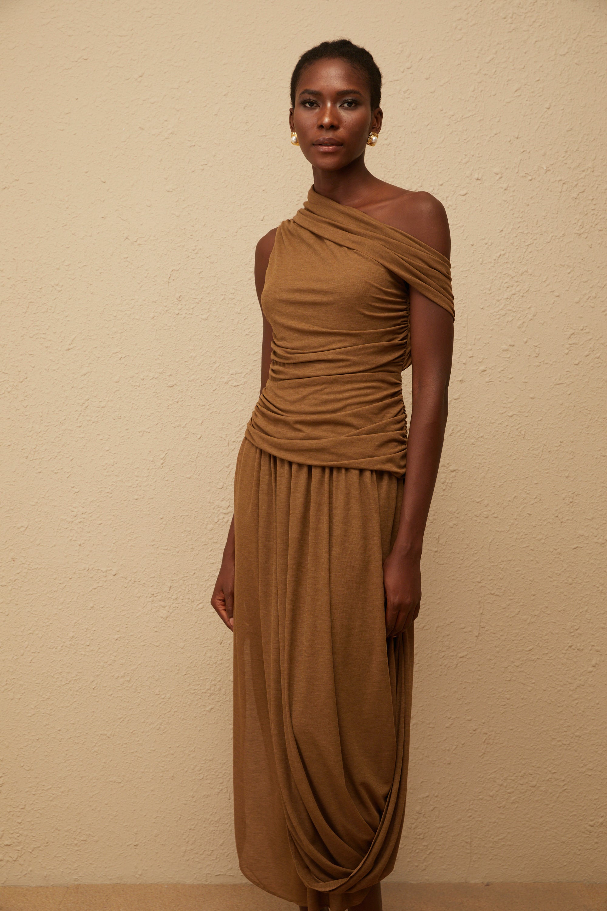 Catarina Brown Asymmetrical Ruched Maxi Dress
