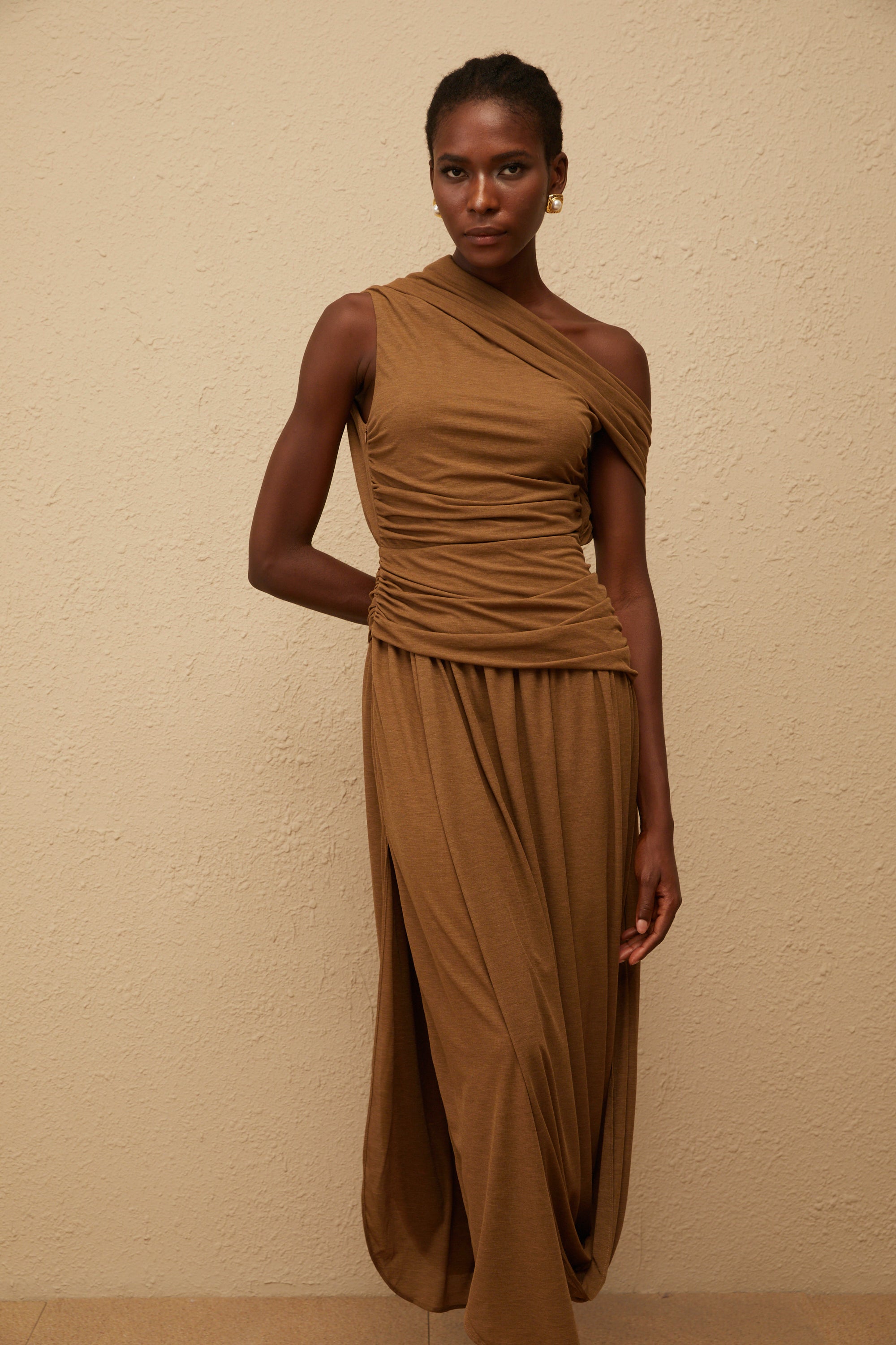Catarina Brown Asymmetrical Ruched Maxi Dress
