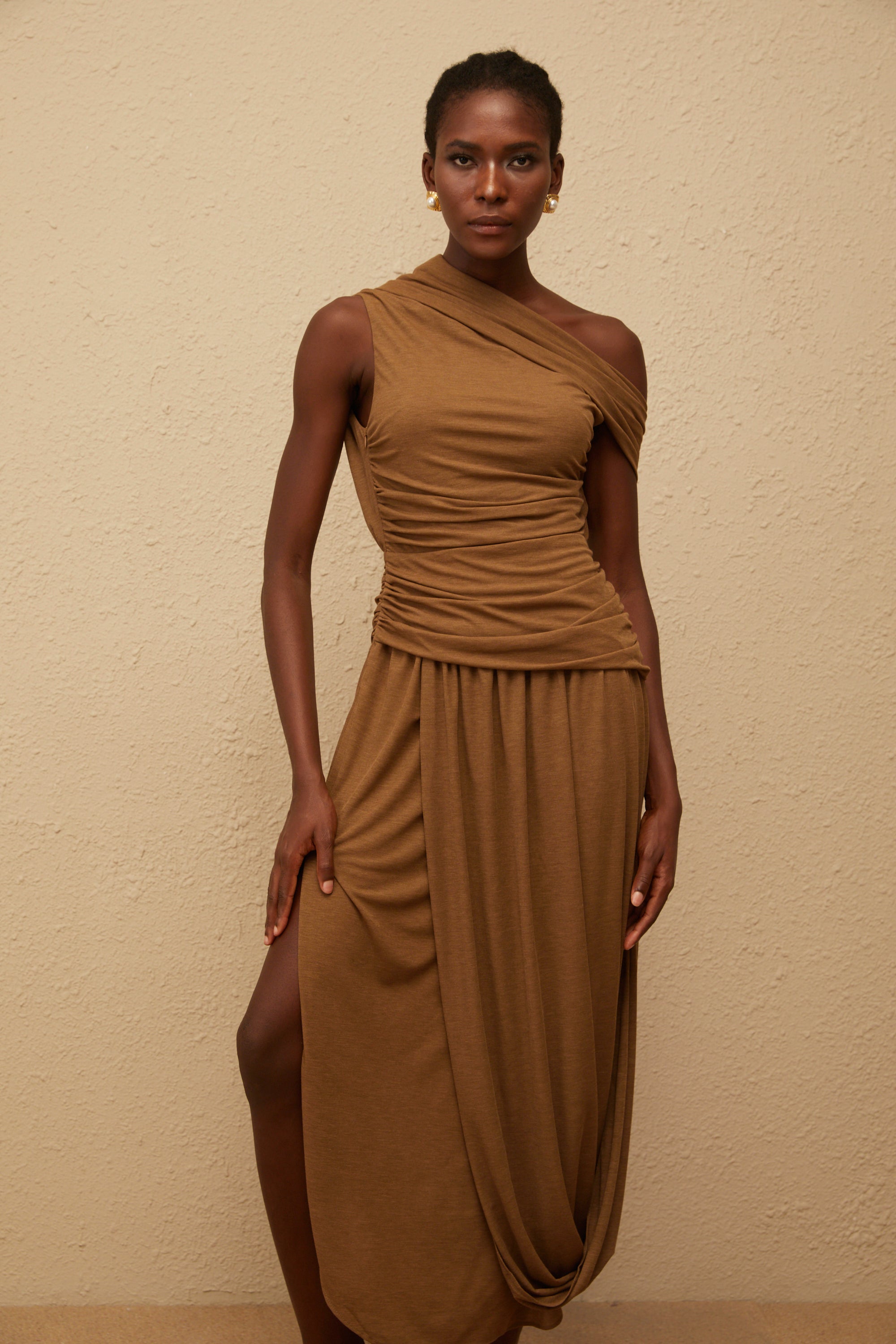 Catarina Brown Asymmetrical Ruched Maxi Dress