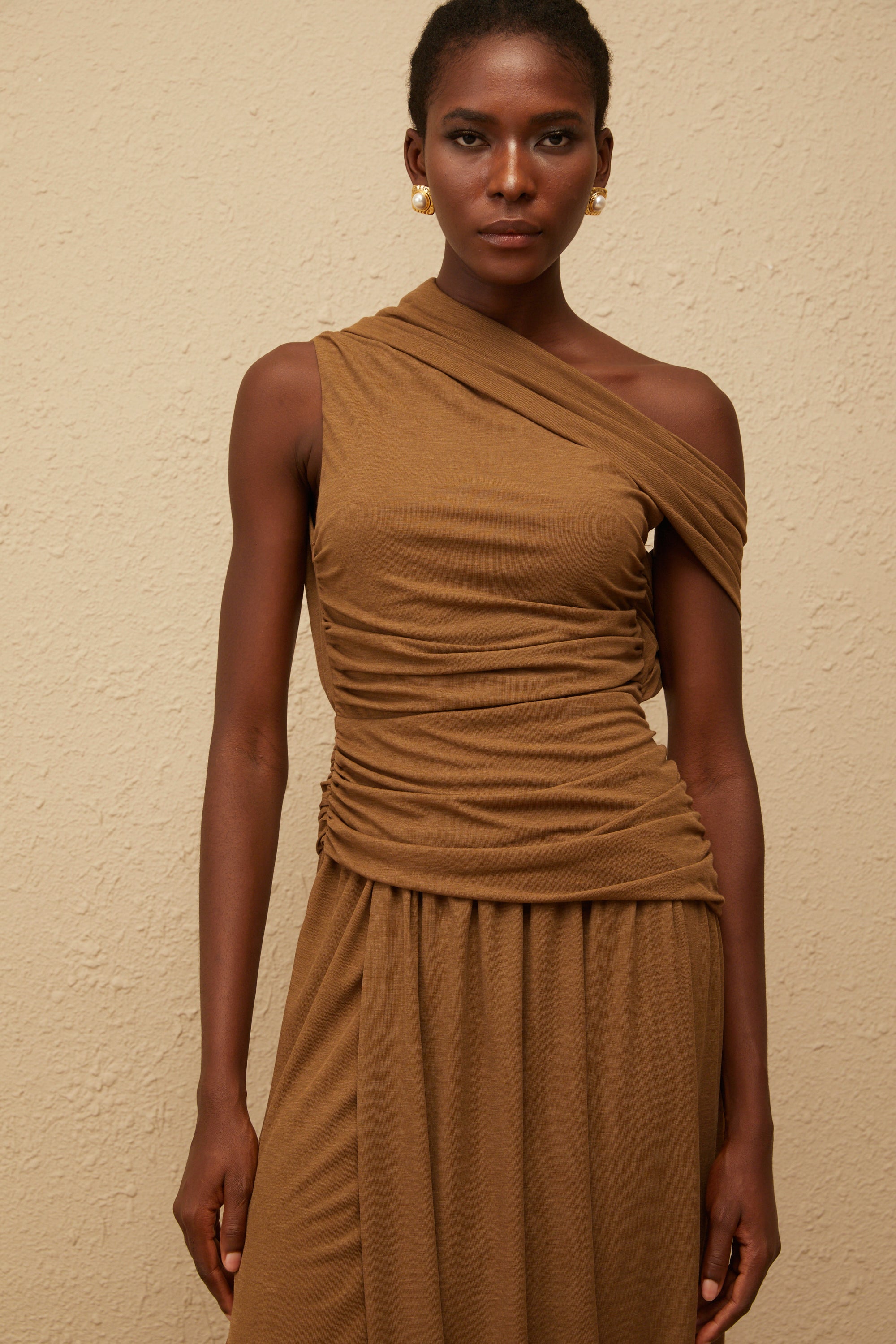 Catarina Brown Asymmetrical Ruched Maxi Dress