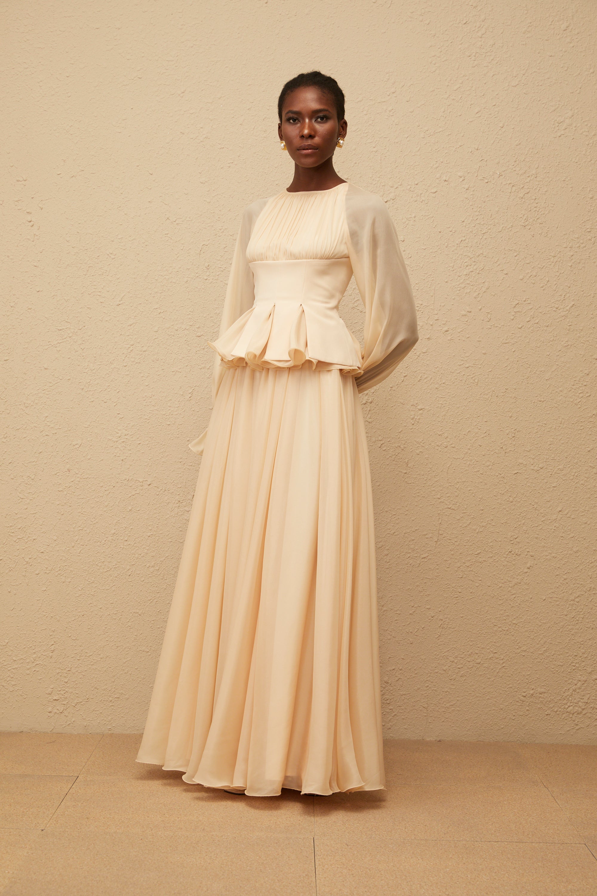 Zéphyrine Neutral Shirred Chiffon Blouse & Skirt Set