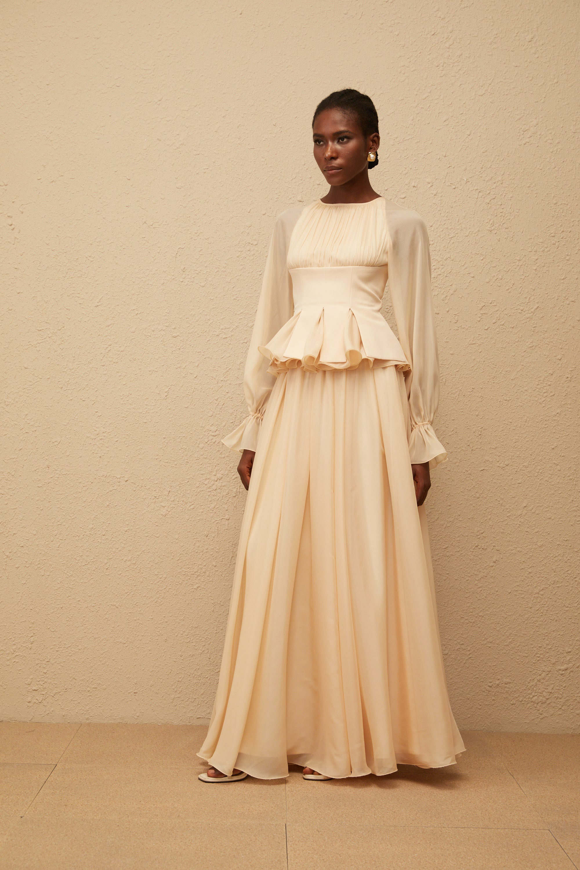 Zéphyrine Neutral Shirred Chiffon Blouse & Skirt Set