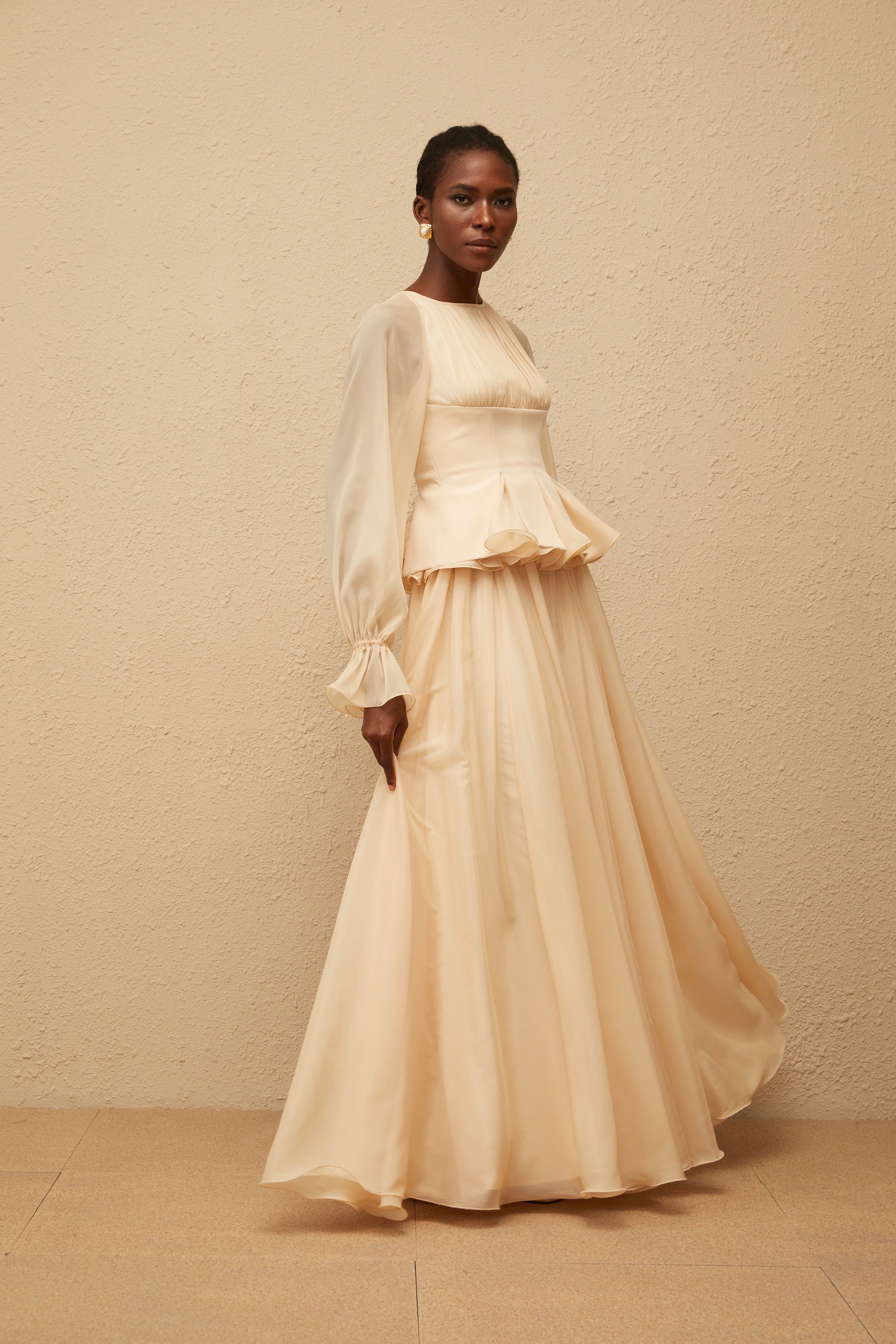 Zéphyrine Neutral Shirred Chiffon Blouse & Skirt Set