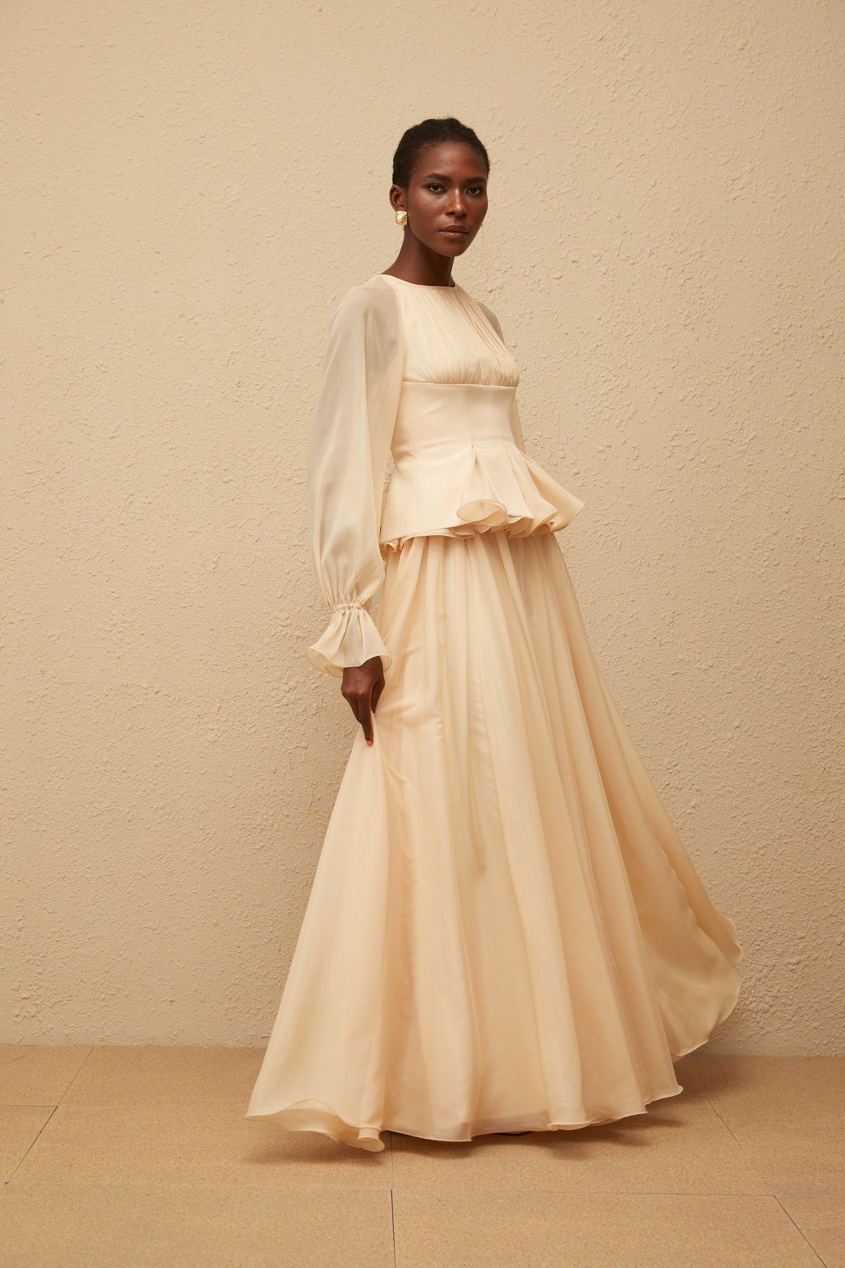 Zéphyrine Neutral Shirred Chiffon Blouse & Skirt Set
