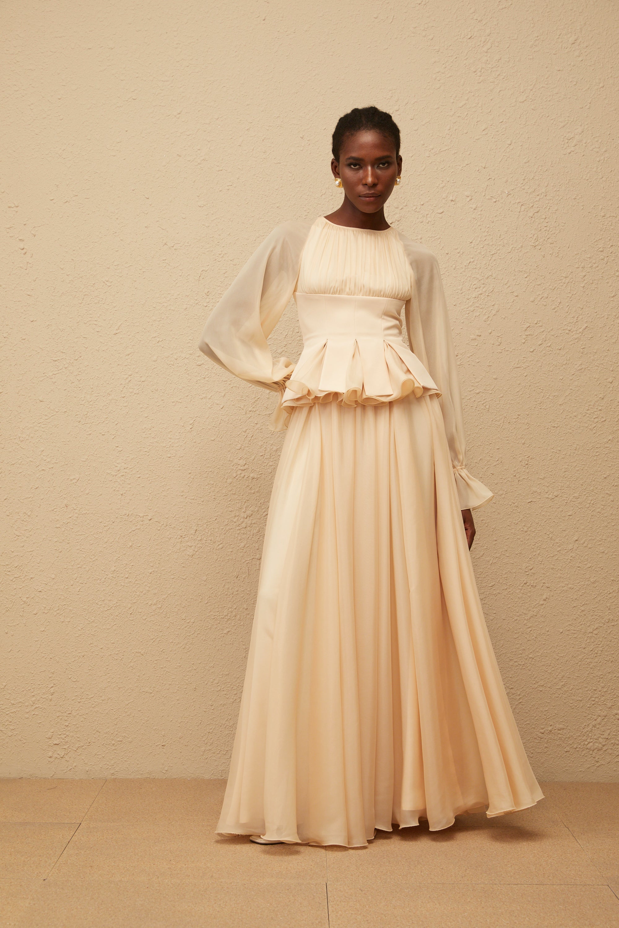 Zéphyrine Neutral Shirred Chiffon Blouse & Skirt Set