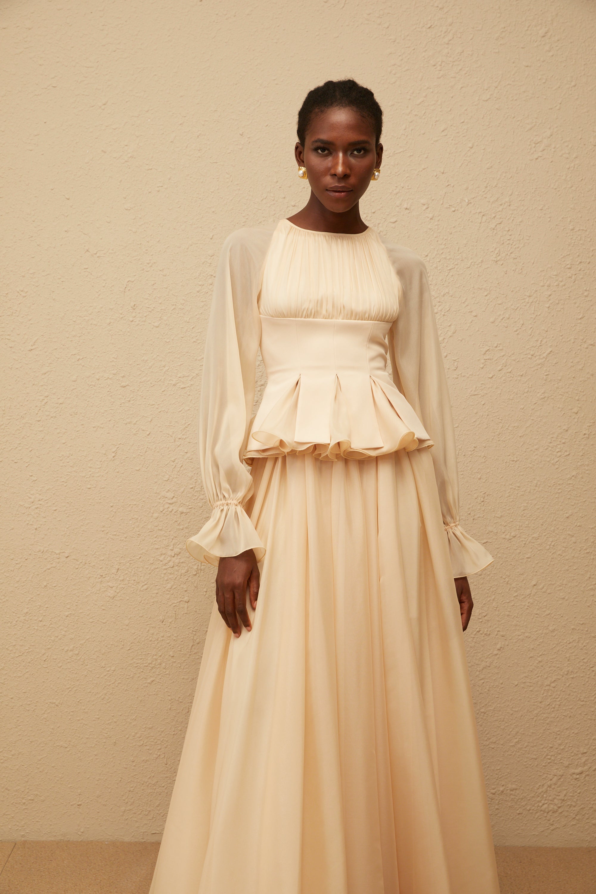 Zéphyrine Neutral Shirred Chiffon Blouse & Skirt Set