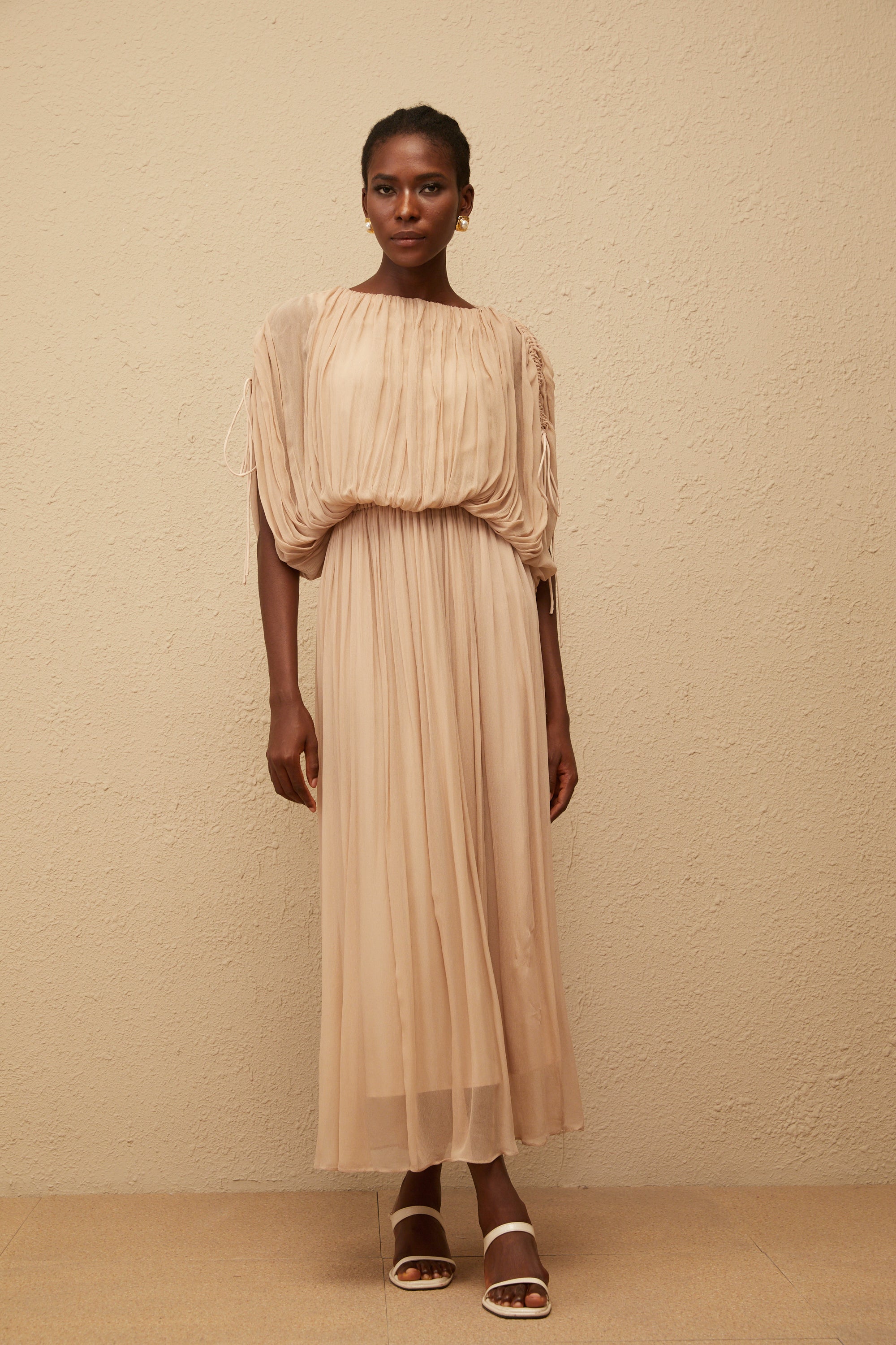 Charitina Neutral Fully Pleated Blouse & Skirt Set