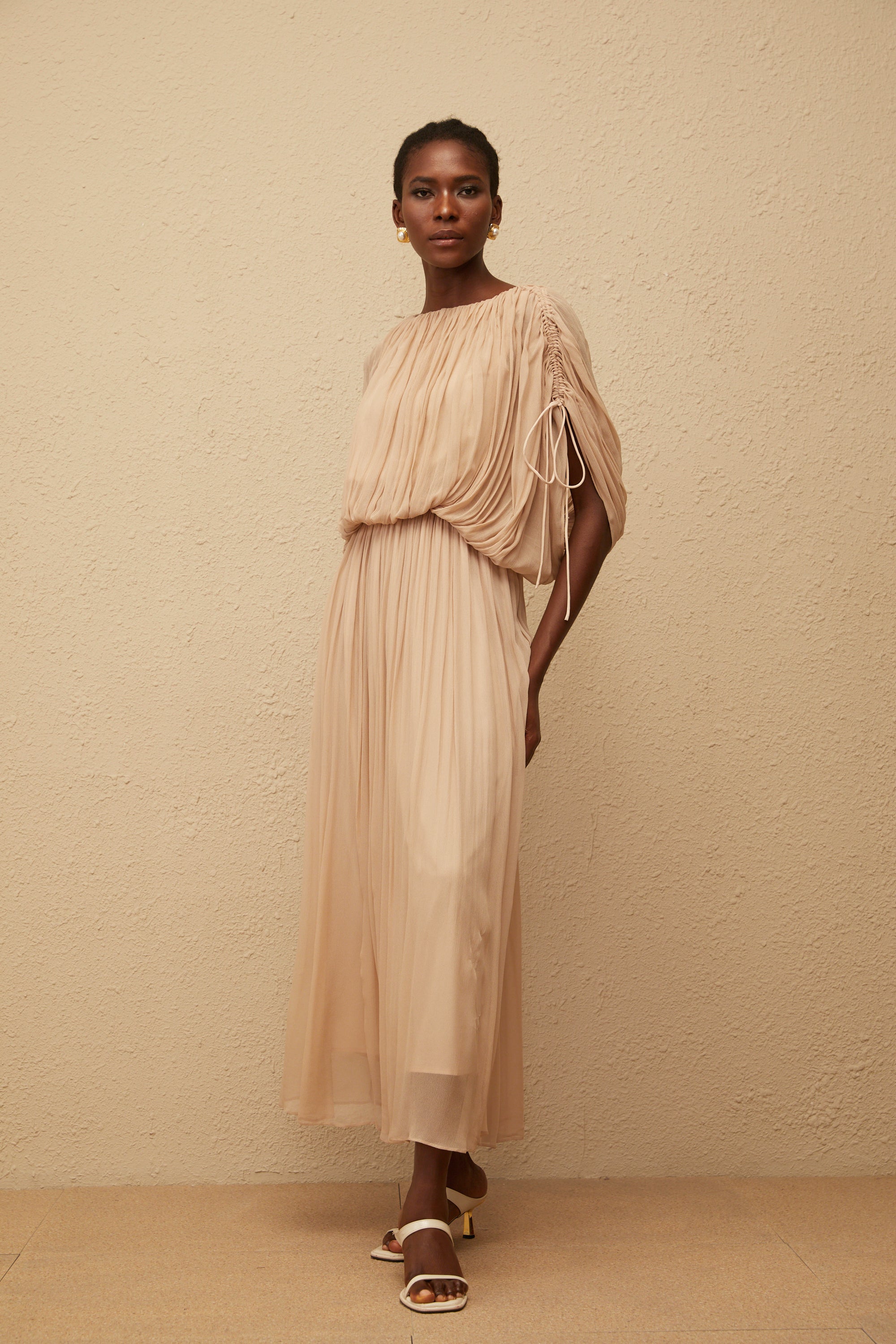 Charitina Neutral Fully Pleated Blouse & Skirt Set