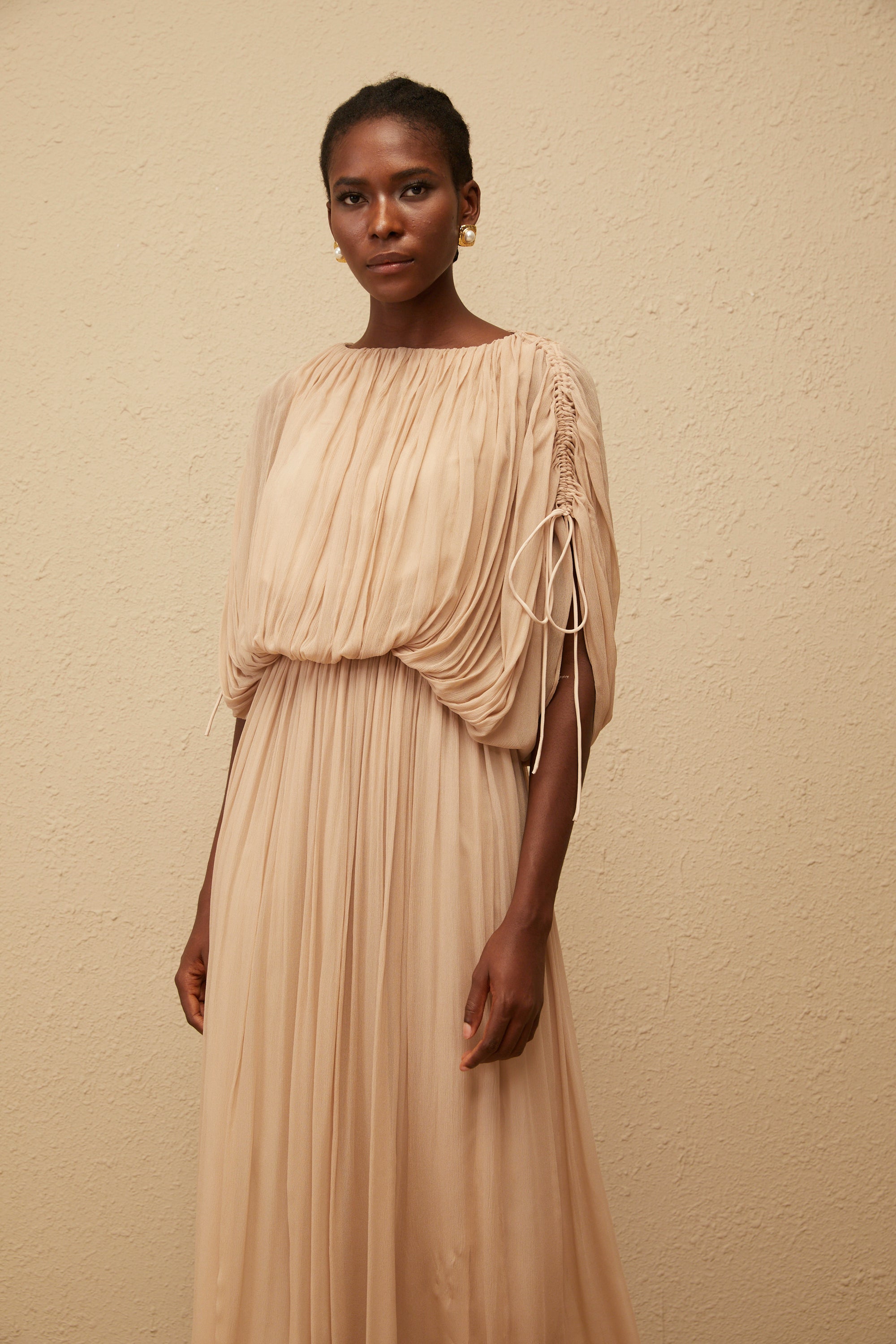 Charitina Neutral Fully Pleated Blouse & Skirt Set