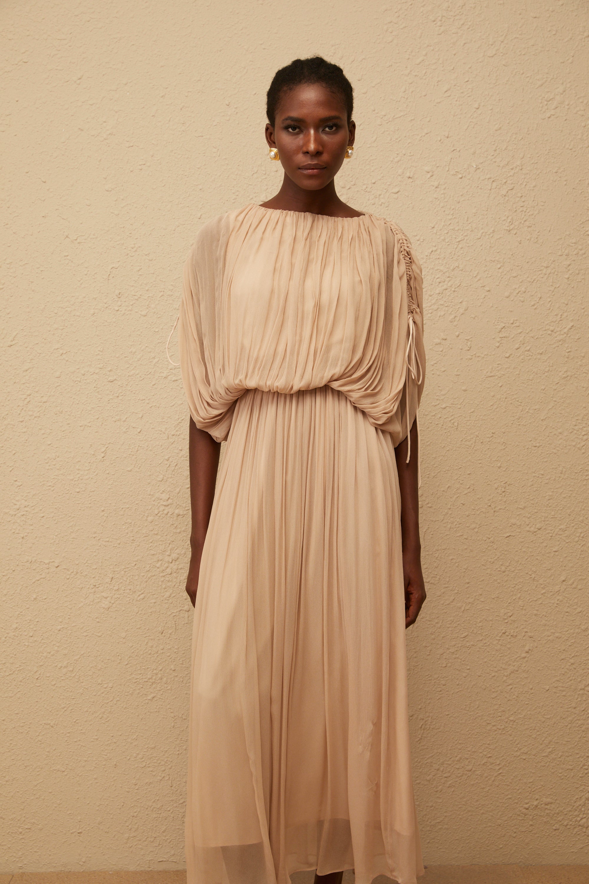 Charitina Neutral Fully Pleated Blouse & Skirt Set
