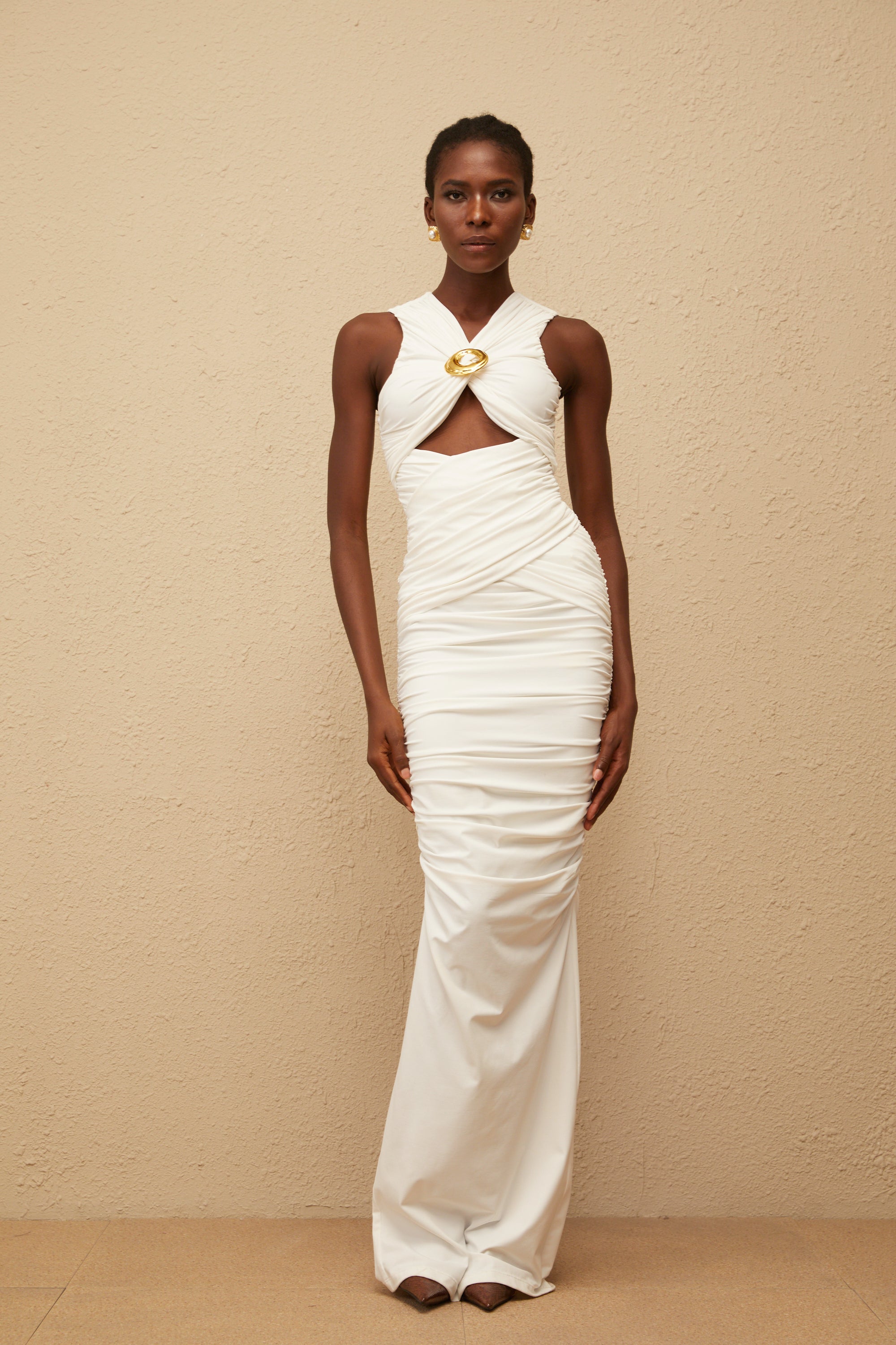 Capucine White Ruched Corset Maxi Dress