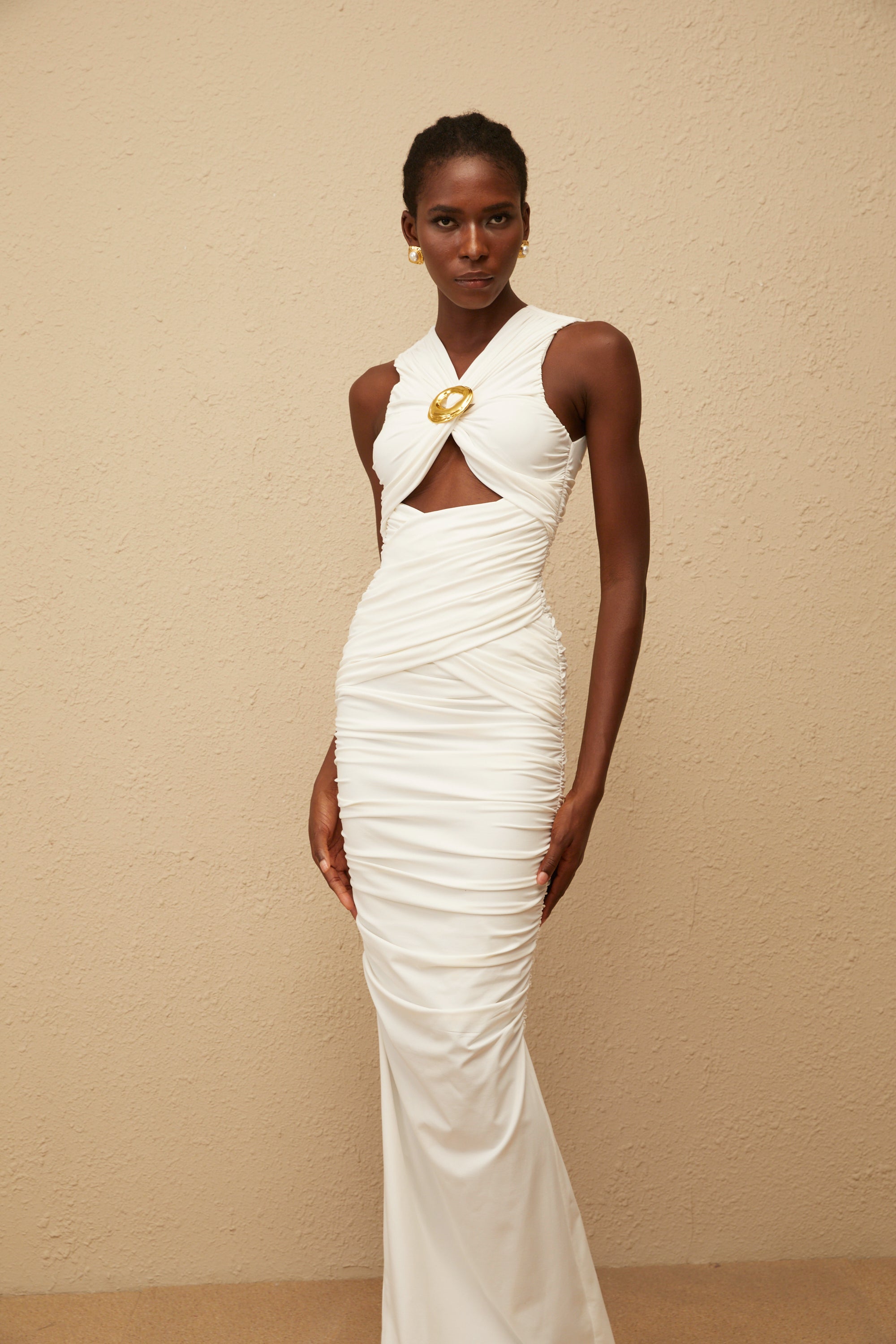 Capucine White Ruched Corset Maxi Dress