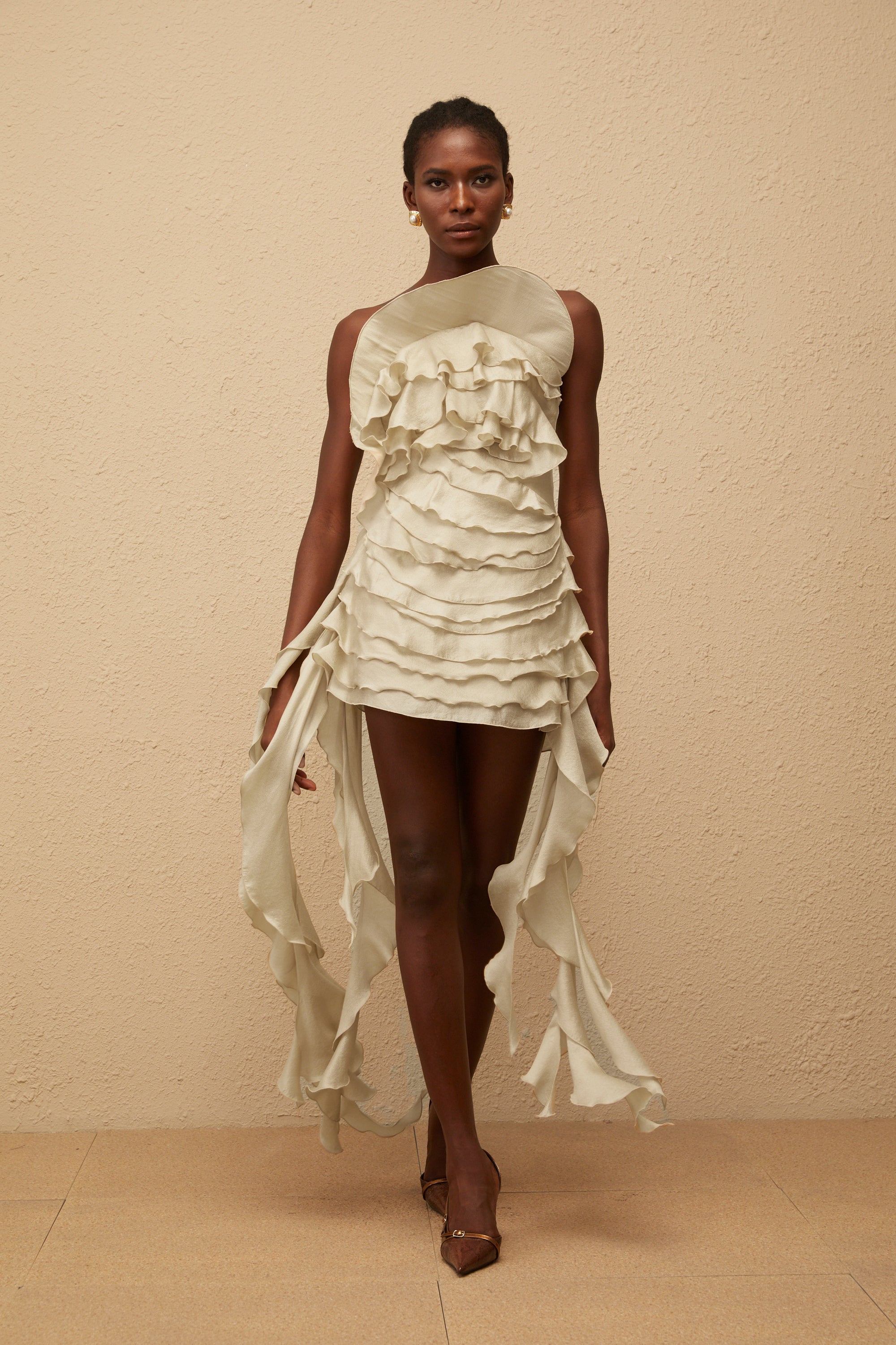 Anneli Neutral Off-Shoulder Ruffled Mini Dress