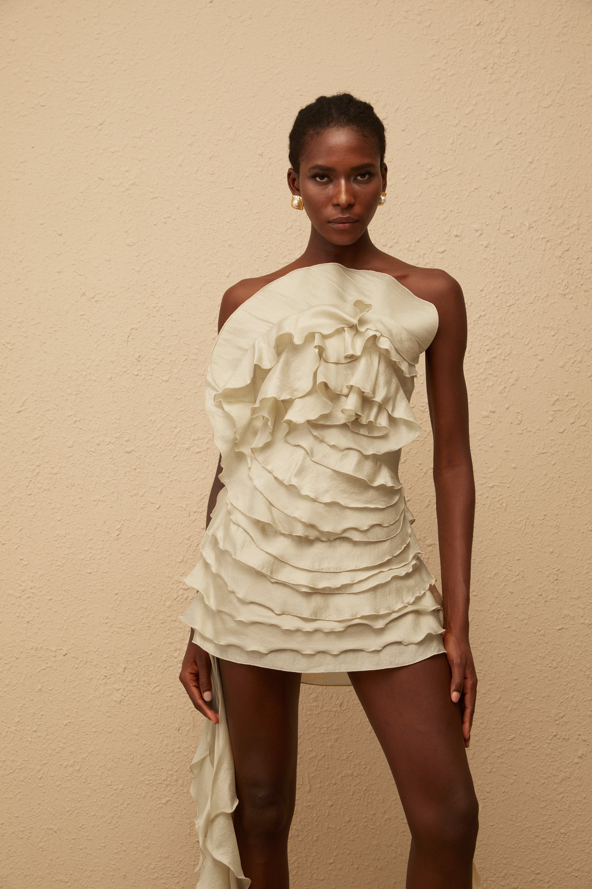 Anneli Neutral Off-Shoulder Ruffled Mini Dress